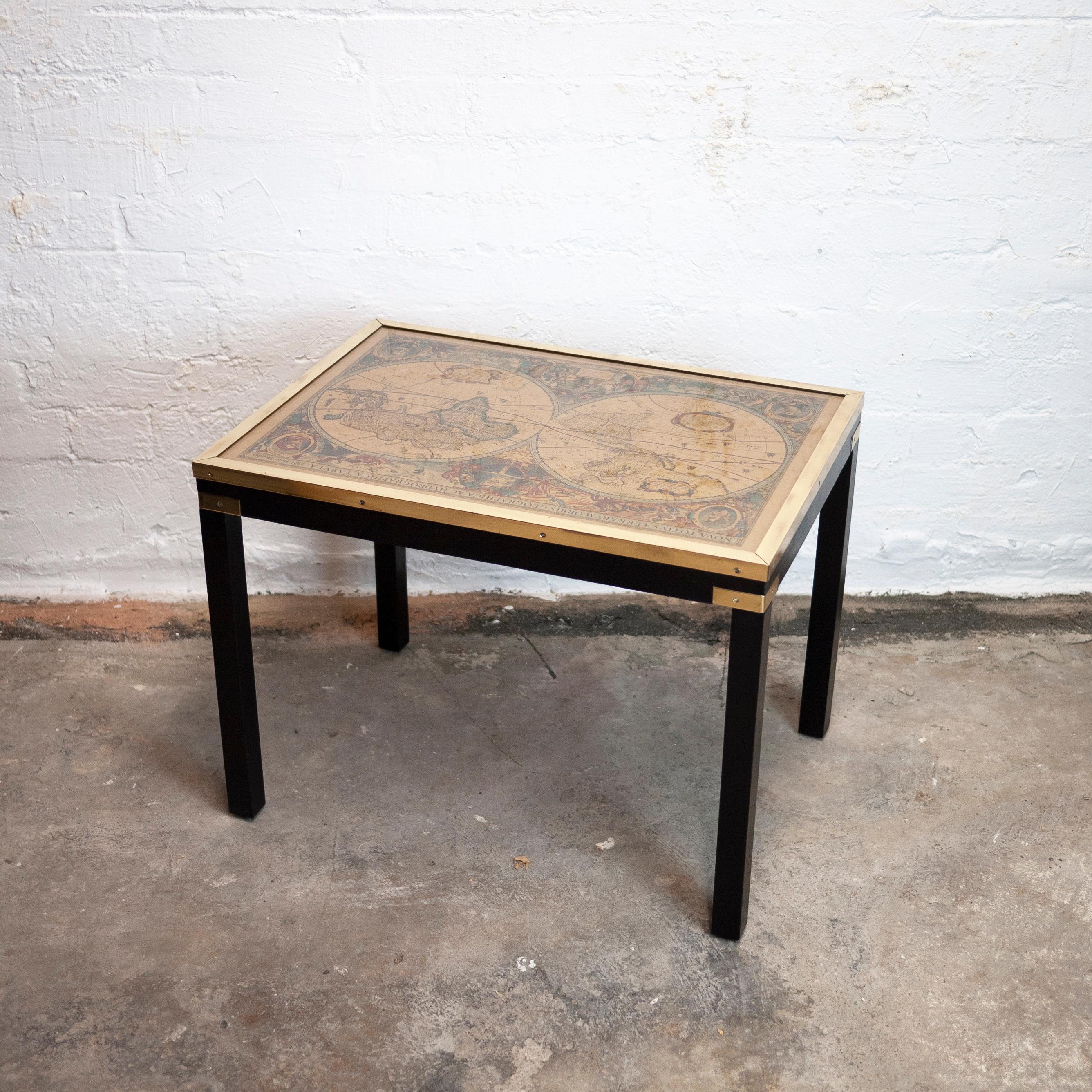 Late 20th Century Vintage Brass and Glass Map Side Table, 1970s For Sale