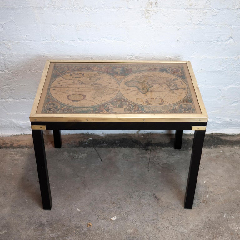 Glass Map Work Table Vintage Brass and Glass Map Side Table, 1970s For Sale at 1stDibs