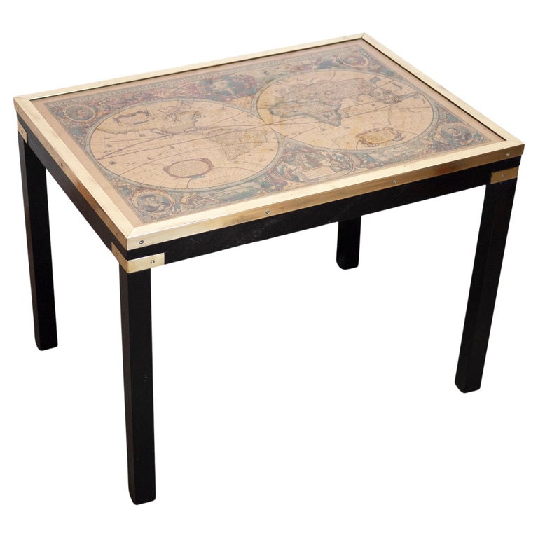 Vintage Brass and Glass Map Side Table, 1970s For Sale at 1stDibs