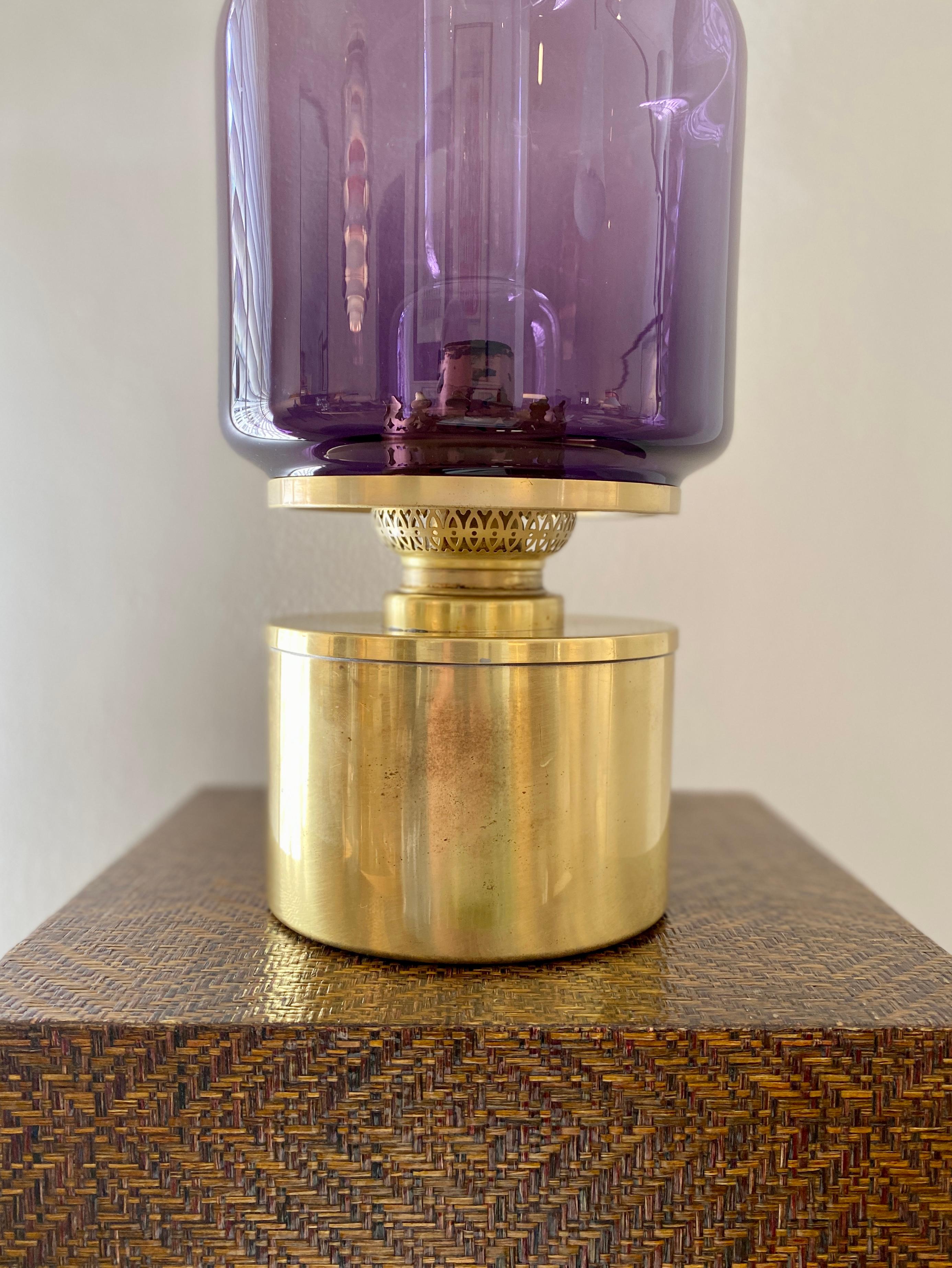 Suédois Lampe à huile vintage en laiton et verre conçue par Hans Agne, Jakobsson AB, Markaryd en vente