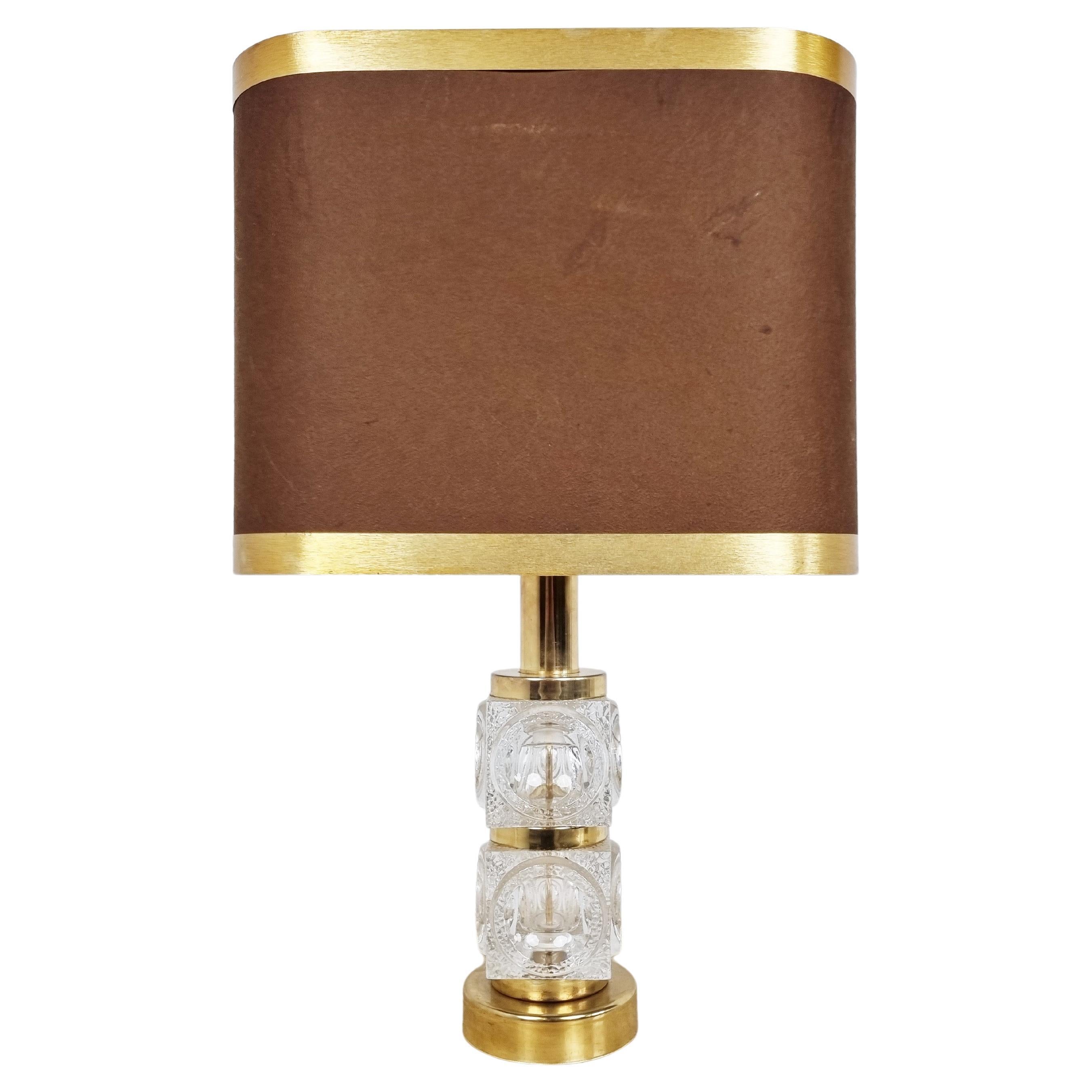 Vintage Tripod Table Lamp in Brass and Checkered Glass, Swiss, circa