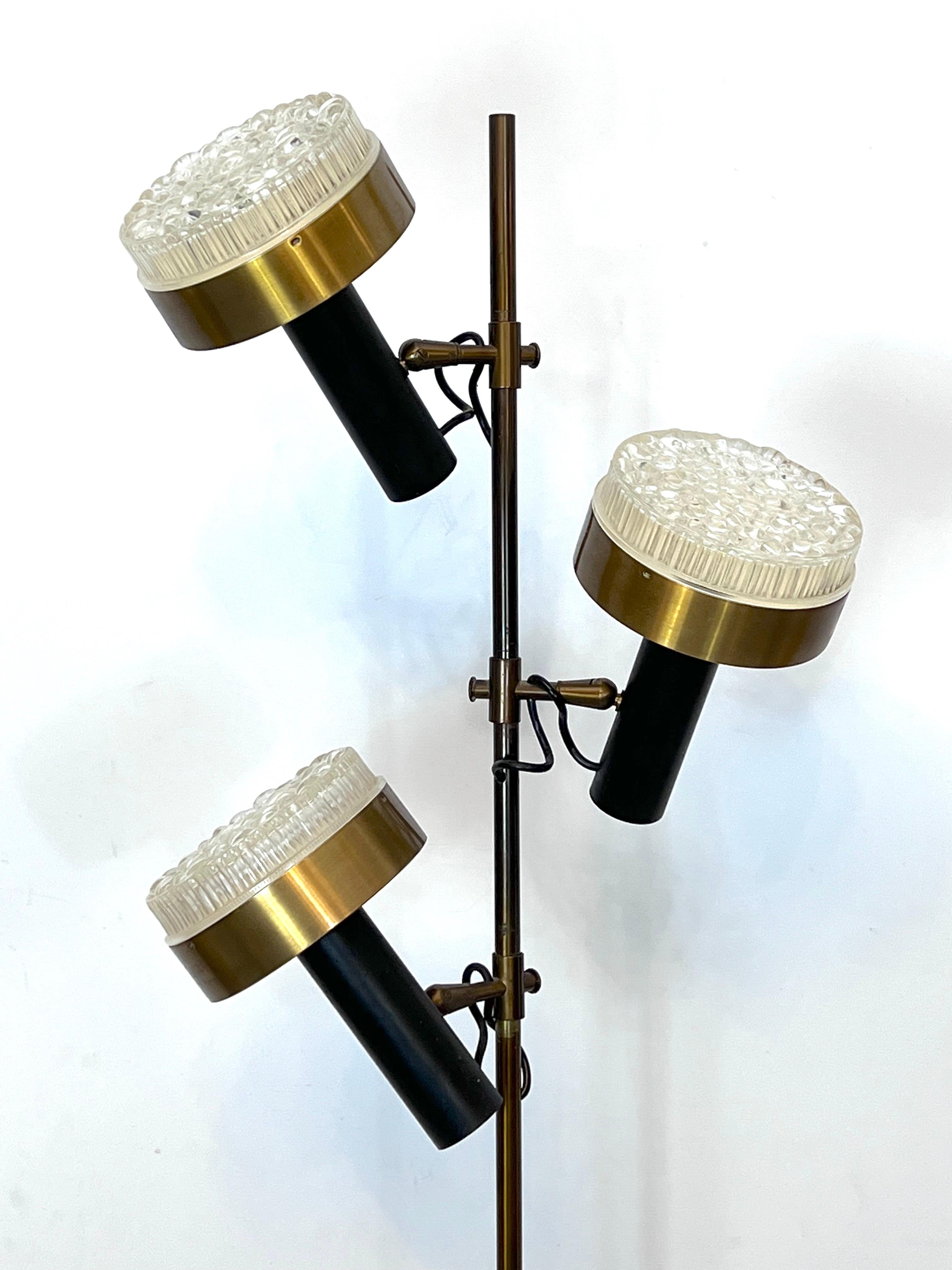 Mid-Century Modern Vintage Brass and Glass Three Arms Floor Lamp by Stilux, Italy, 1960s For Sale