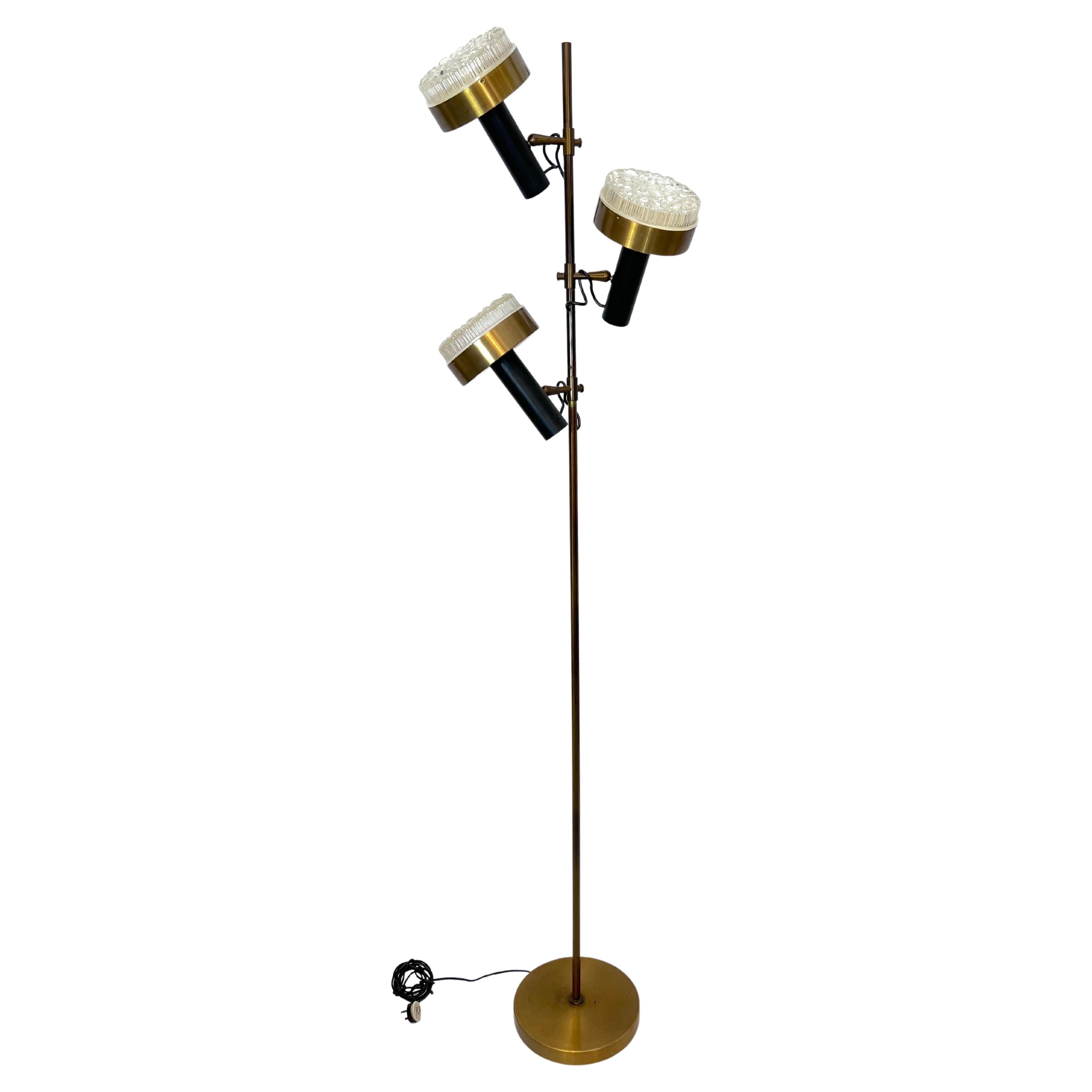 Vintage Brass and Glass Three Arms Floor Lamp by Stilux, Italy, 1960s For Sale
