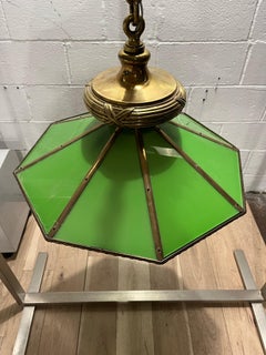 Vintage Brass and Green Glass Octagonal Three-Light Pendant Chandelier