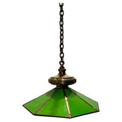 Vintage Brass and Green Glass Octagonal Three-Light Pendant Chandelier