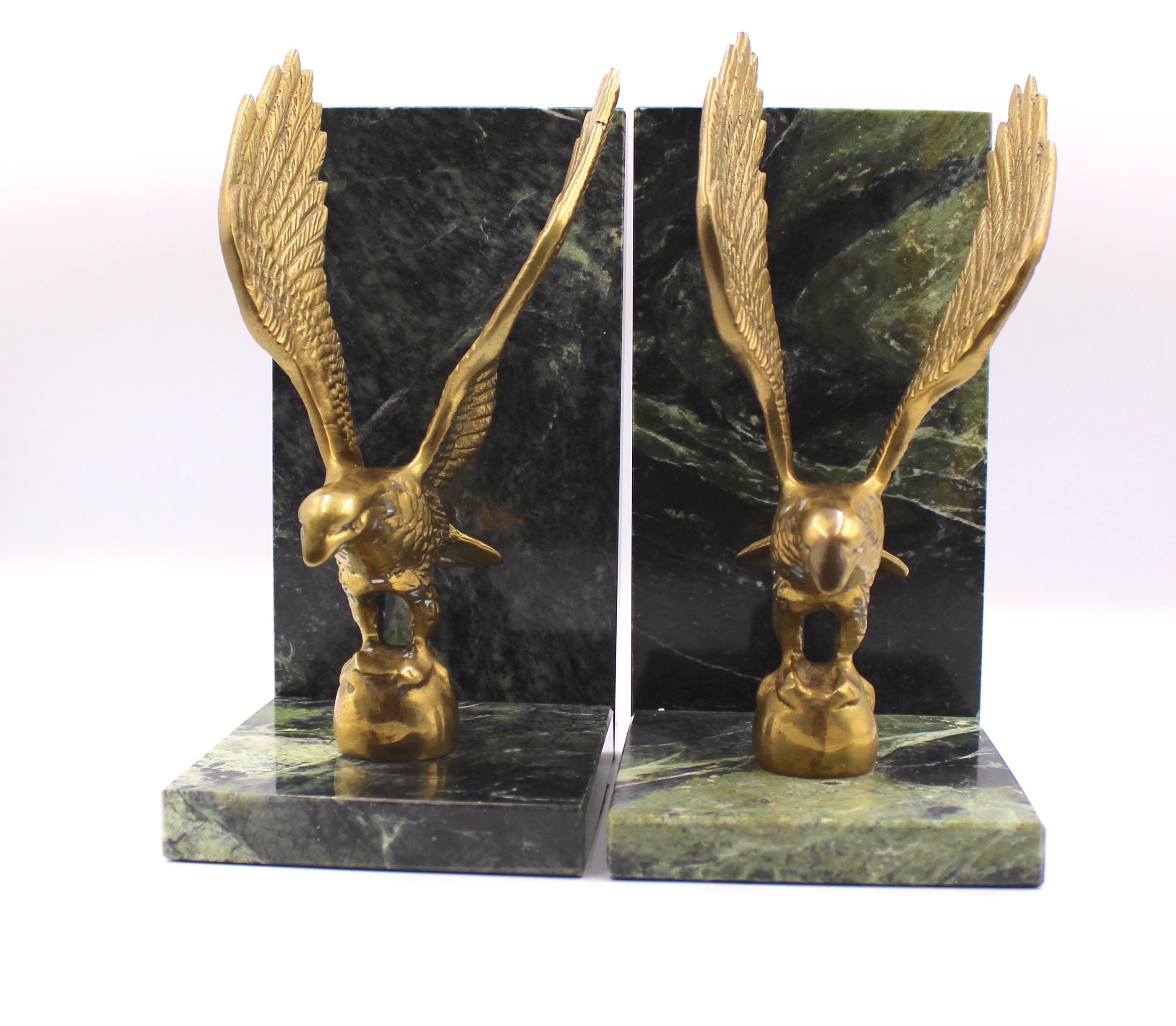 Vintage Brass and Green Marble Eagle Bookends In Good Condition In Colorado Springs, CO