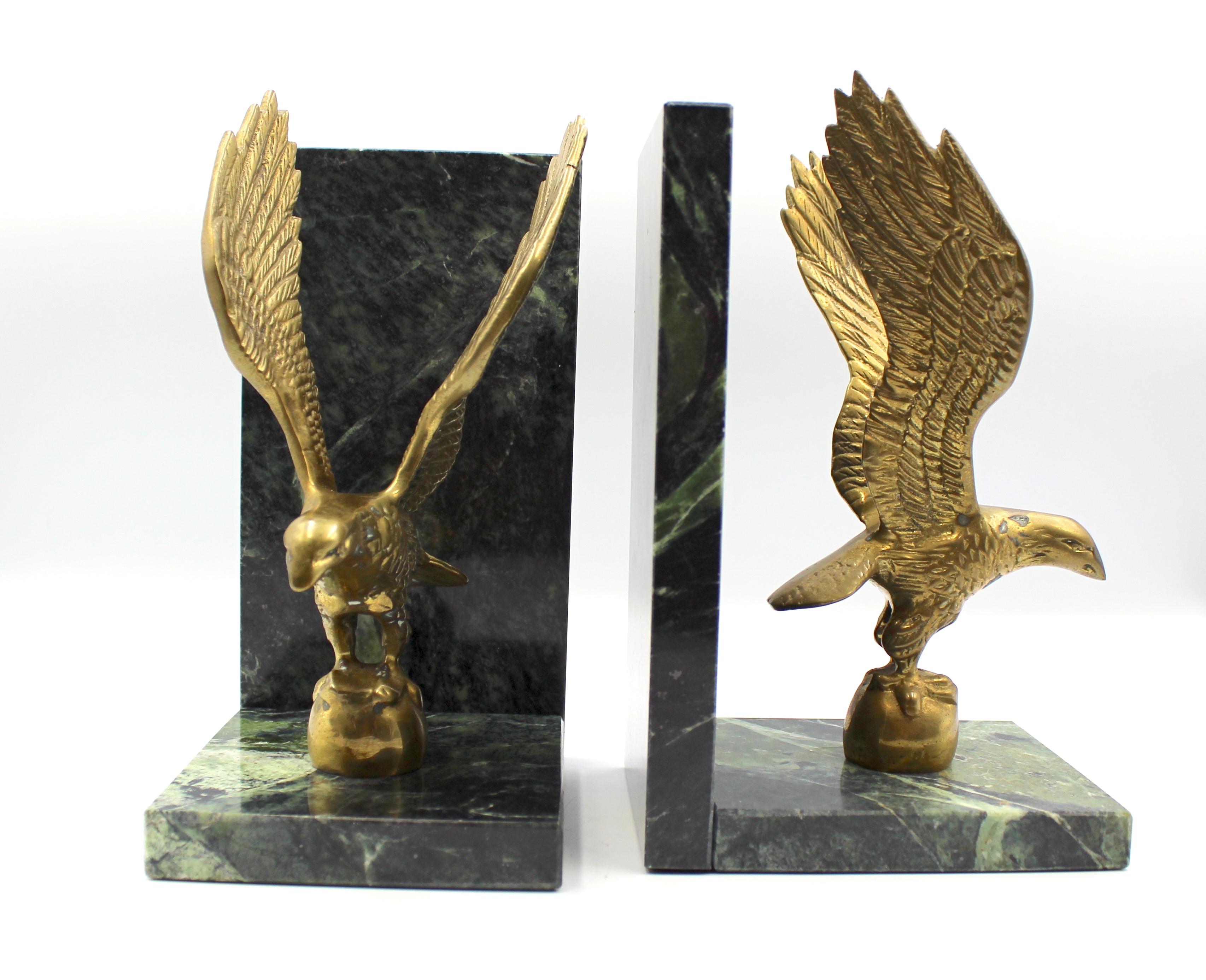 20th Century Vintage Brass and Green Marble Eagle Bookends