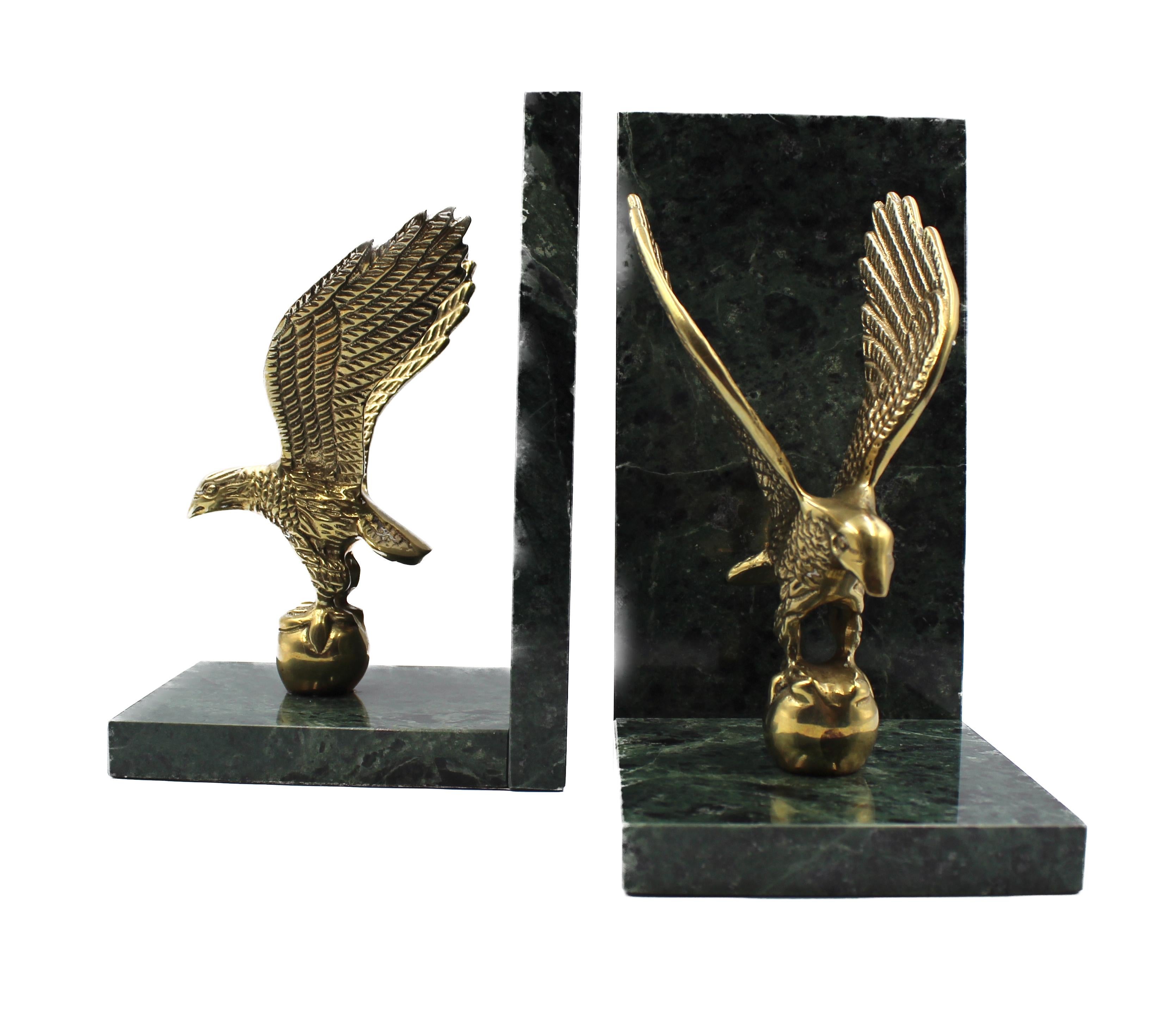 Art Deco Vintage Brass and Green Marble Eagle Bookends For Sale