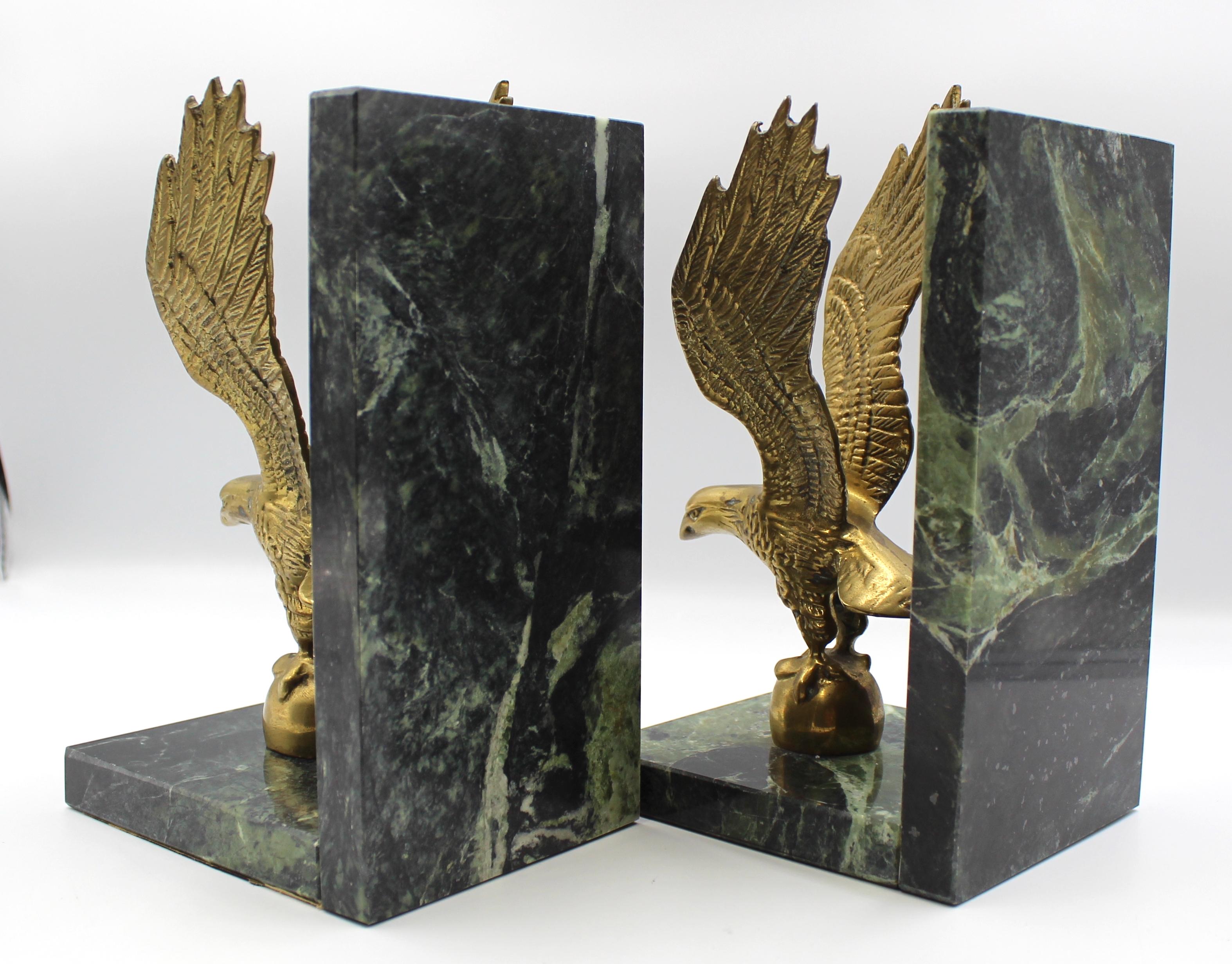 Vintage Brass and Green Marble Eagle Bookends 1