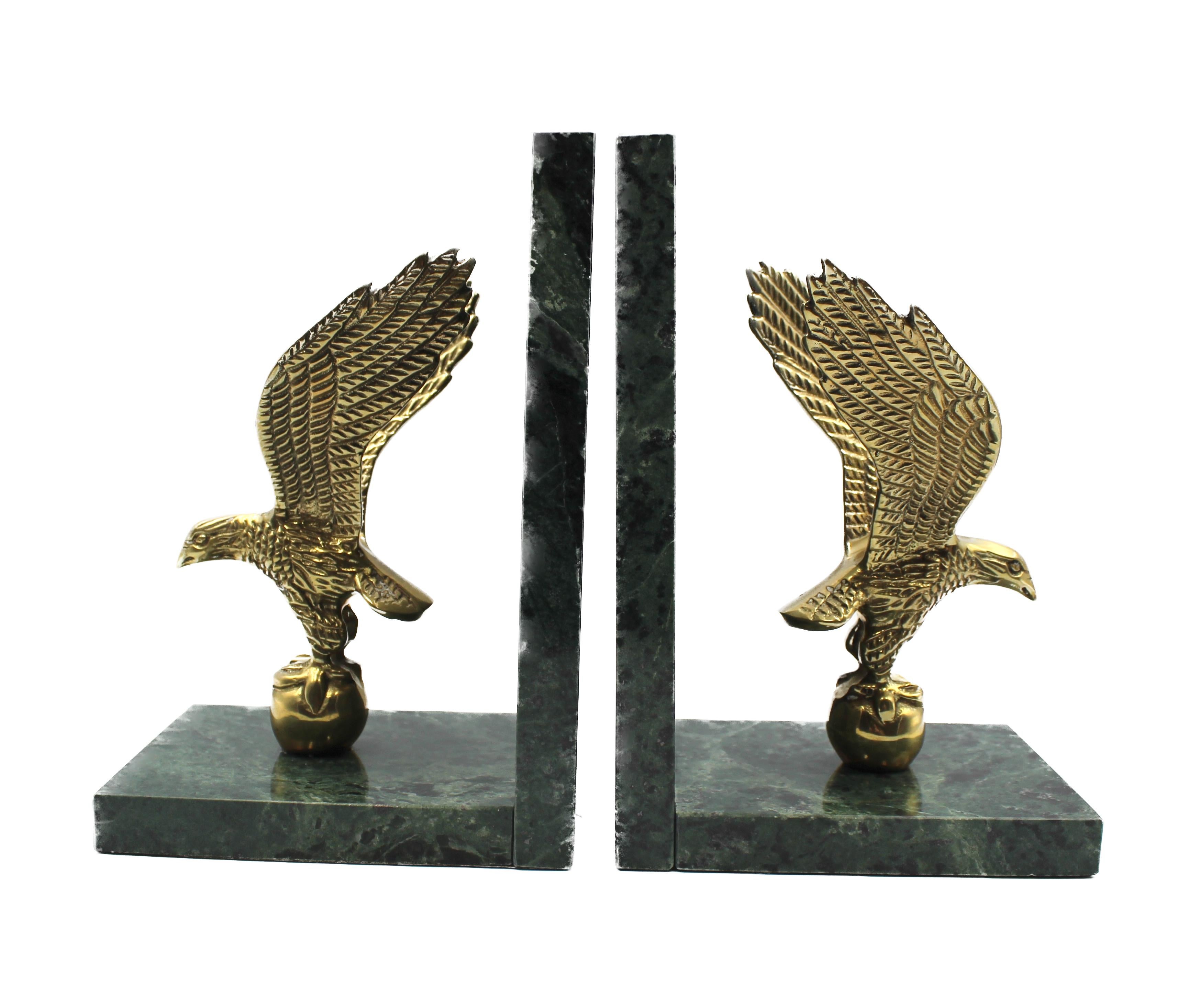 American Vintage Brass and Green Marble Eagle Bookends For Sale