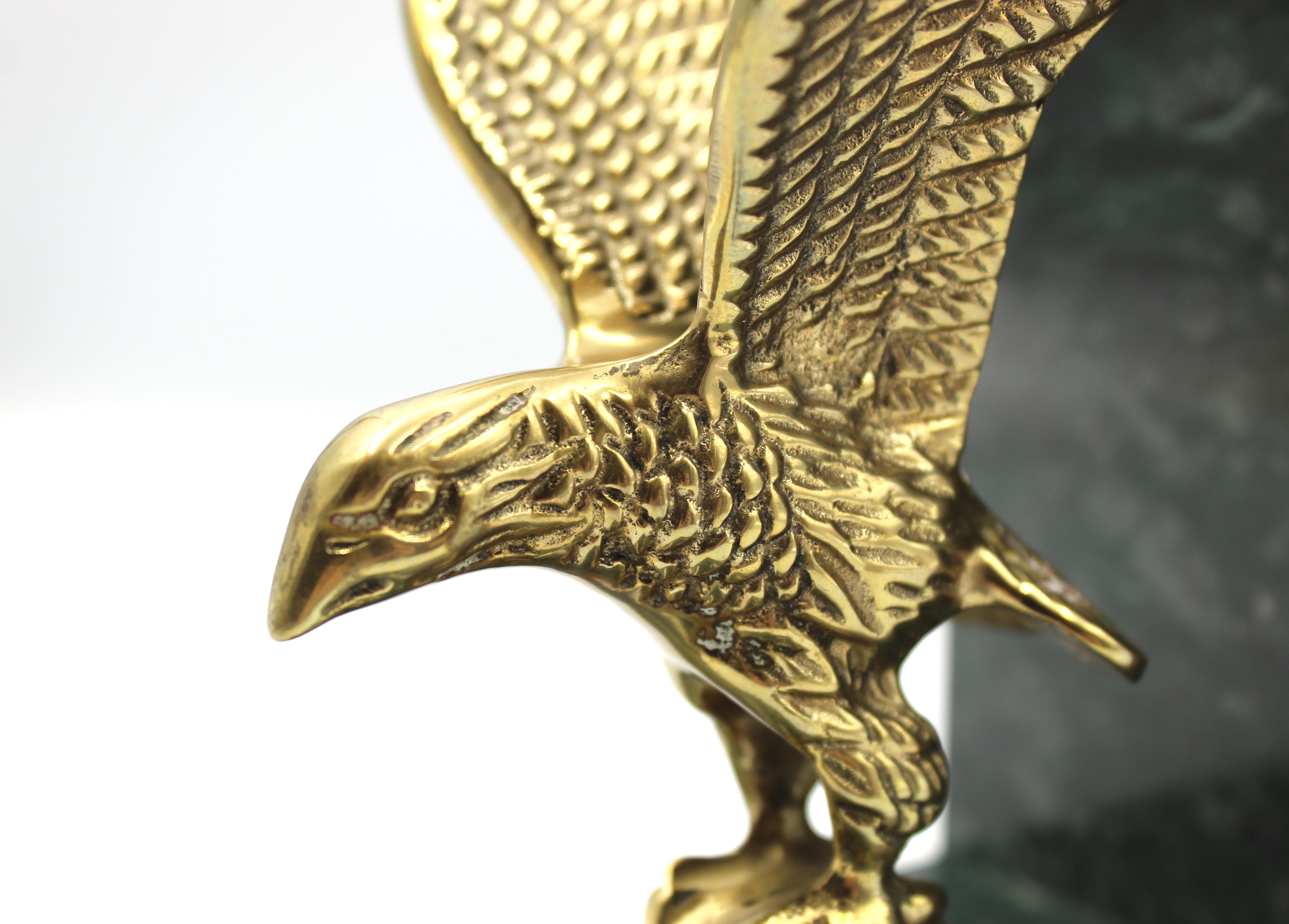 Vintage Brass and Green Marble Eagle Bookends In Good Condition For Sale In Colorado Springs, CO