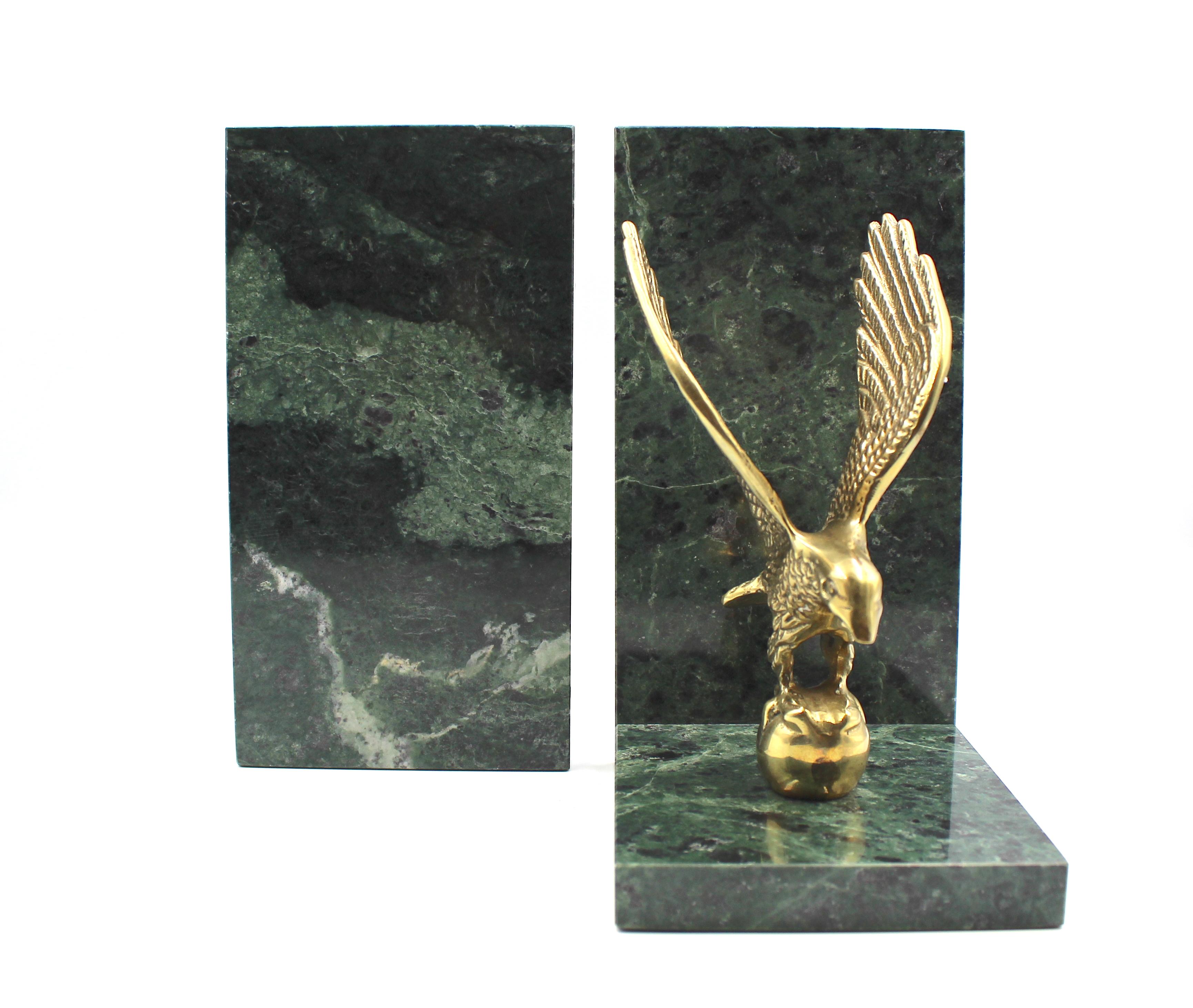 20th Century Vintage Brass and Green Marble Eagle Bookends For Sale