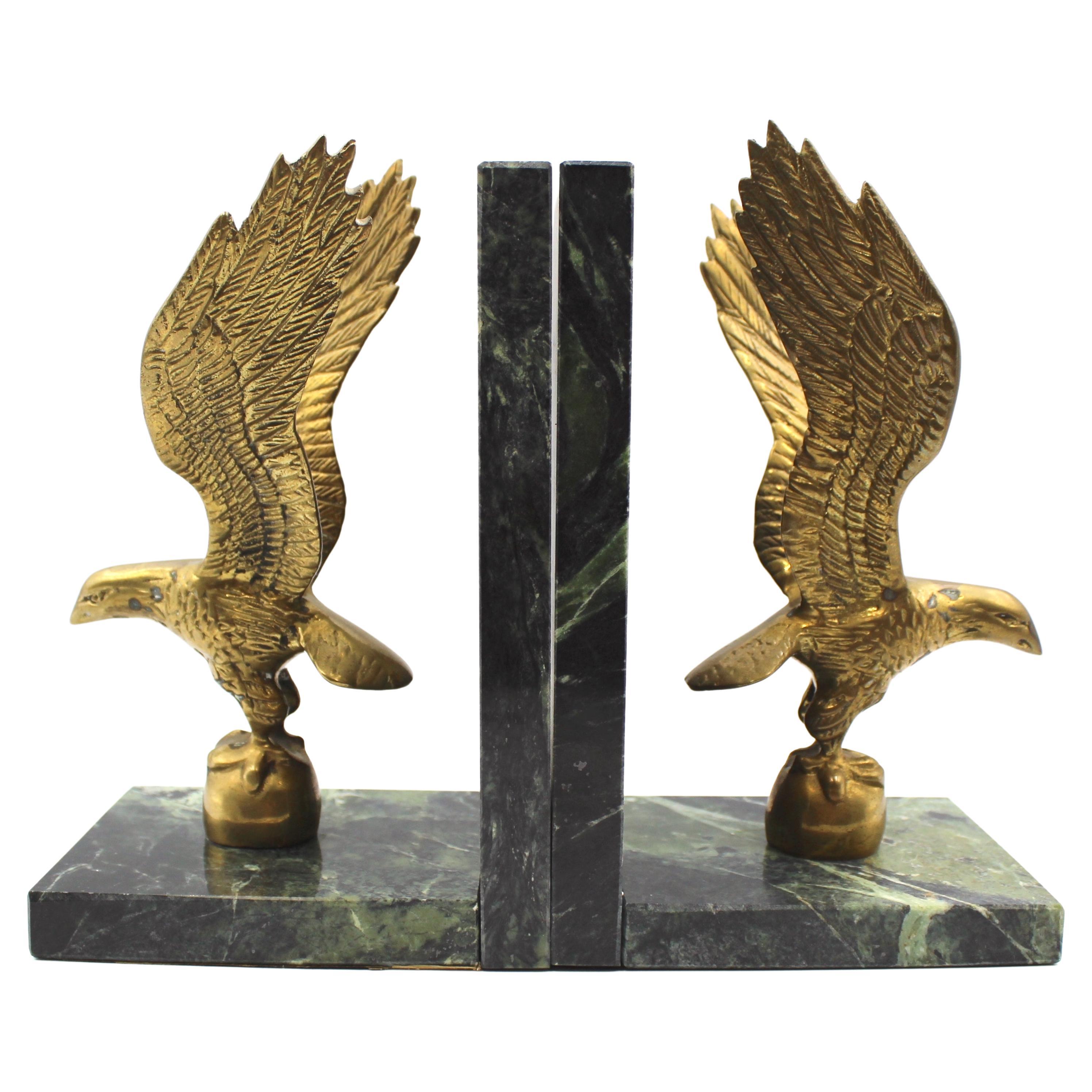 Vintage Brass and Green Marble Eagle Bookends