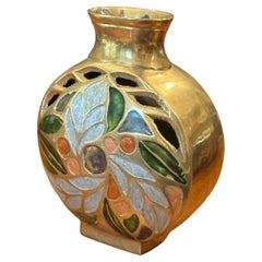 Vintage Vase aus Messing und Emaille mit Intarsien