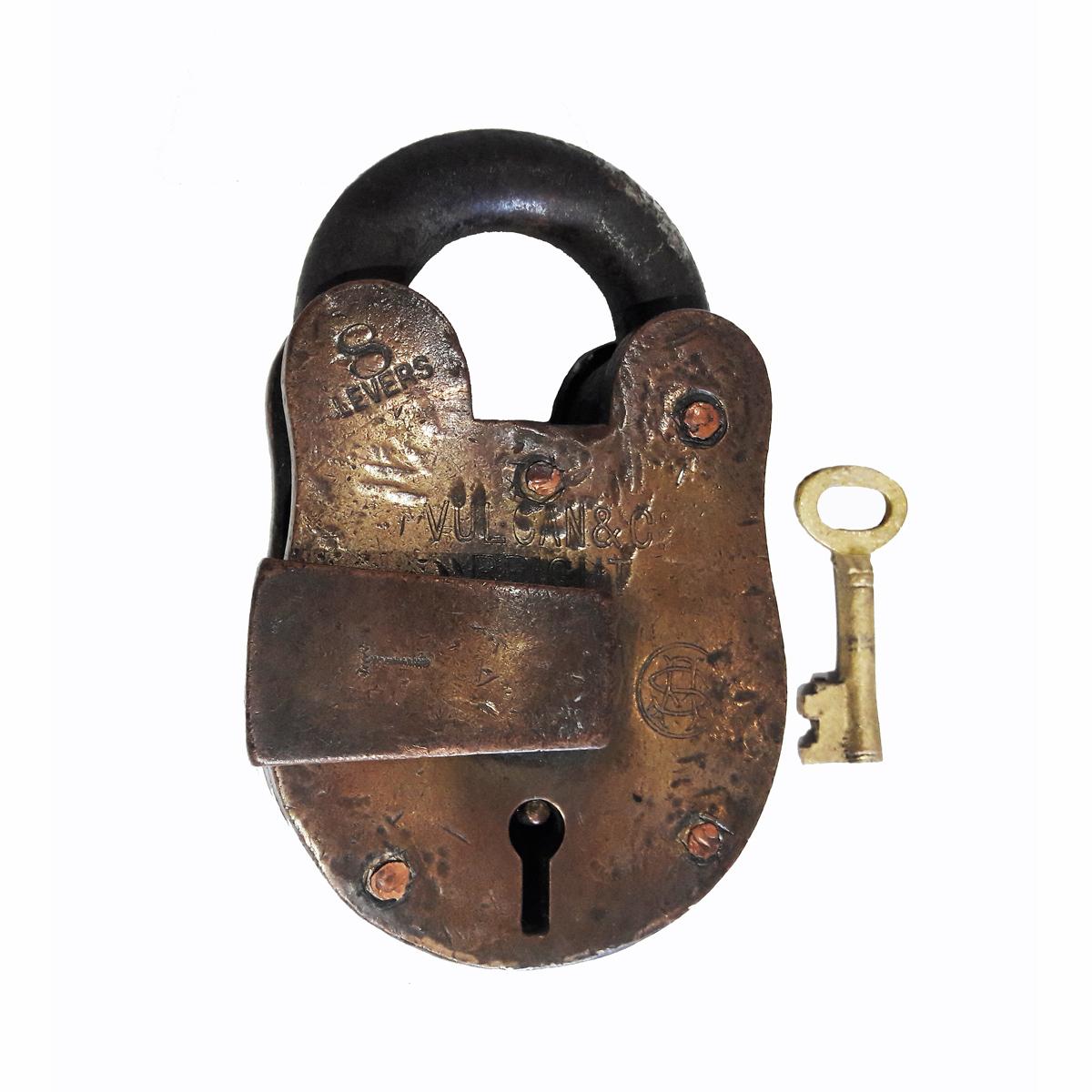 Cast Vintage Brass and Iron Padlock, Early 20th Century
