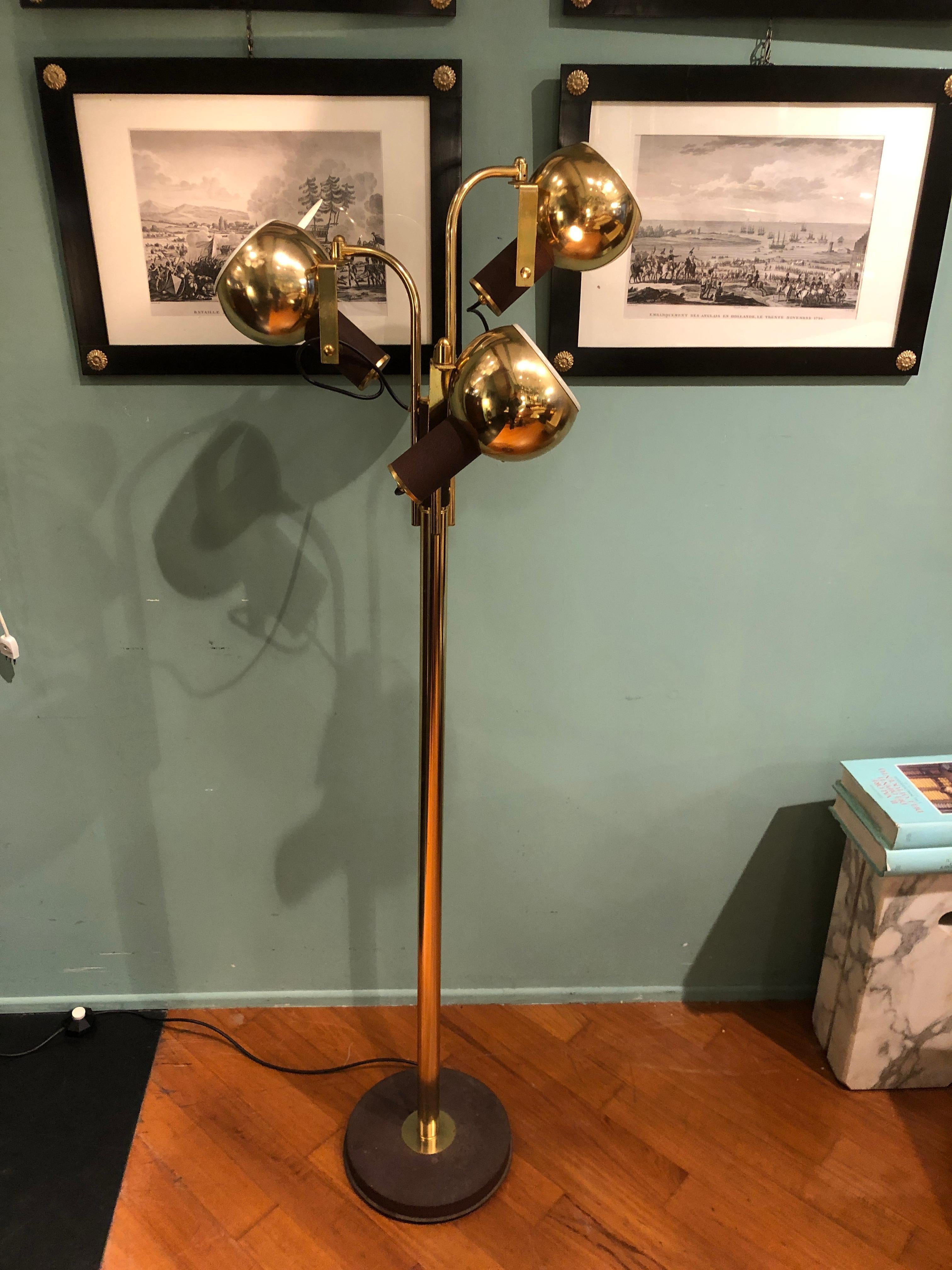 Modern Vintage Brass and Iron Three Adjustable Lights Floor Lamp, 1970s