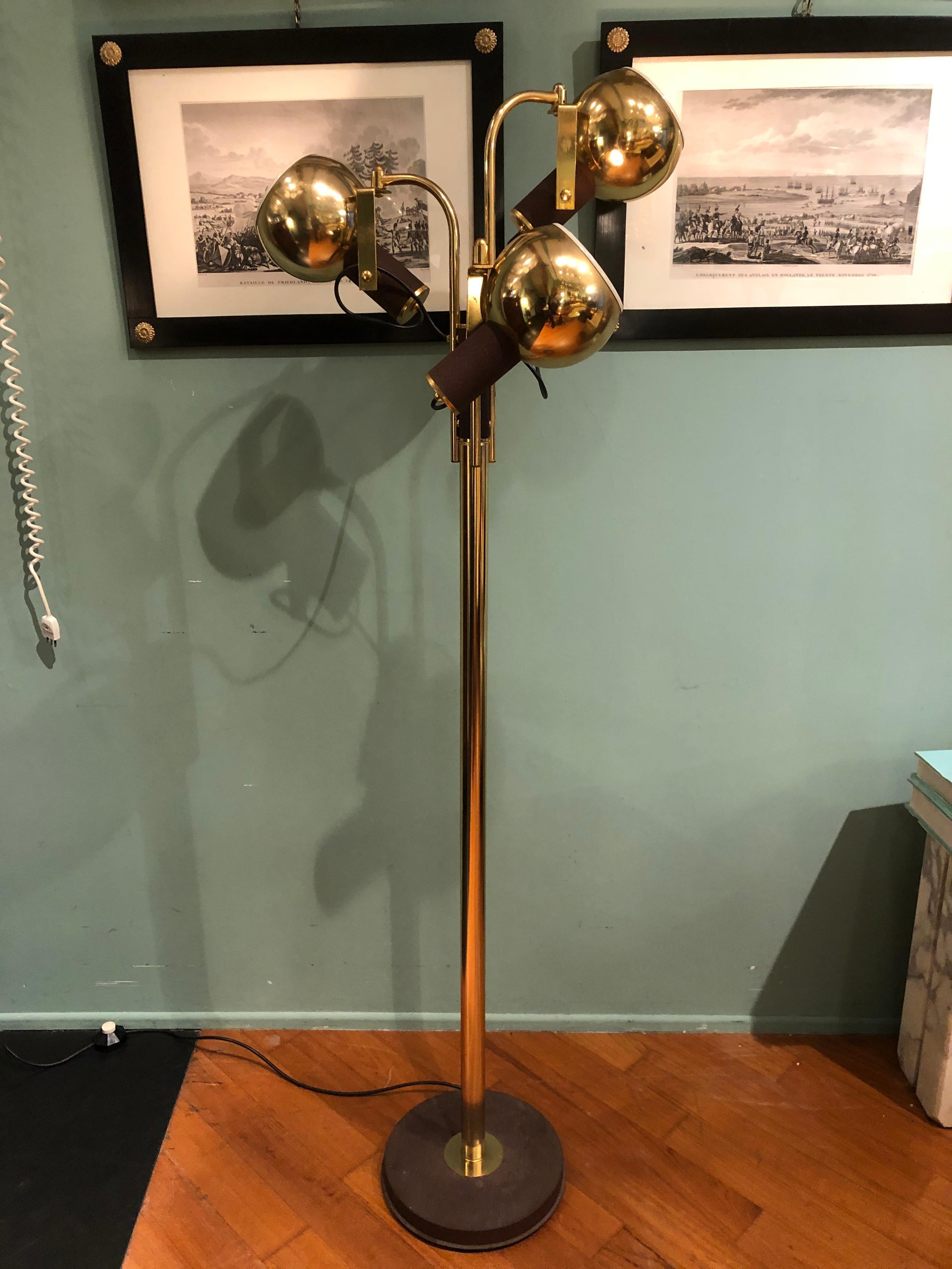 Italian Vintage Brass and Iron Three Adjustable Lights Floor Lamp, 1970s