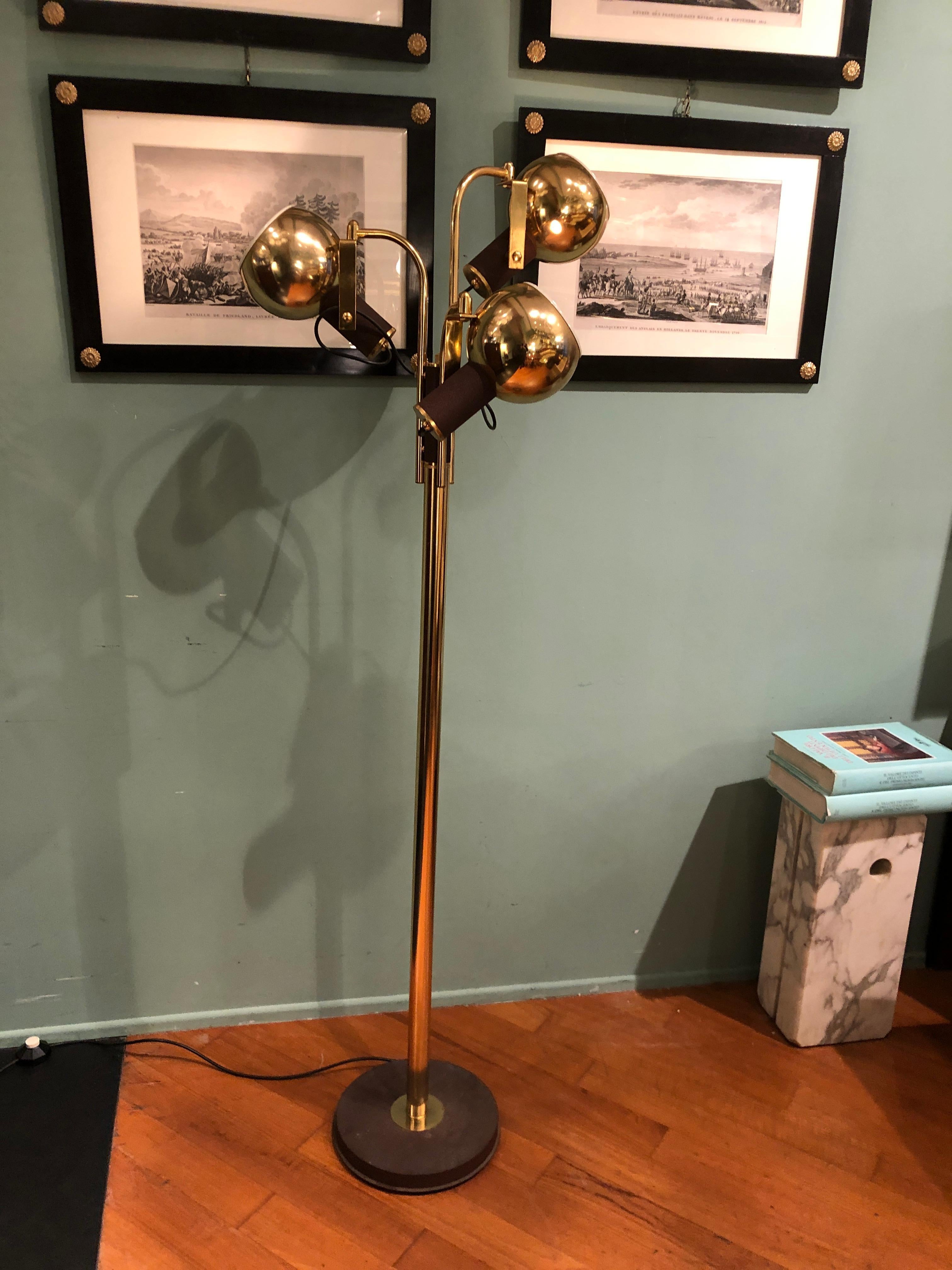 Late 20th Century Vintage Brass and Iron Three Adjustable Lights Floor Lamp, 1970s