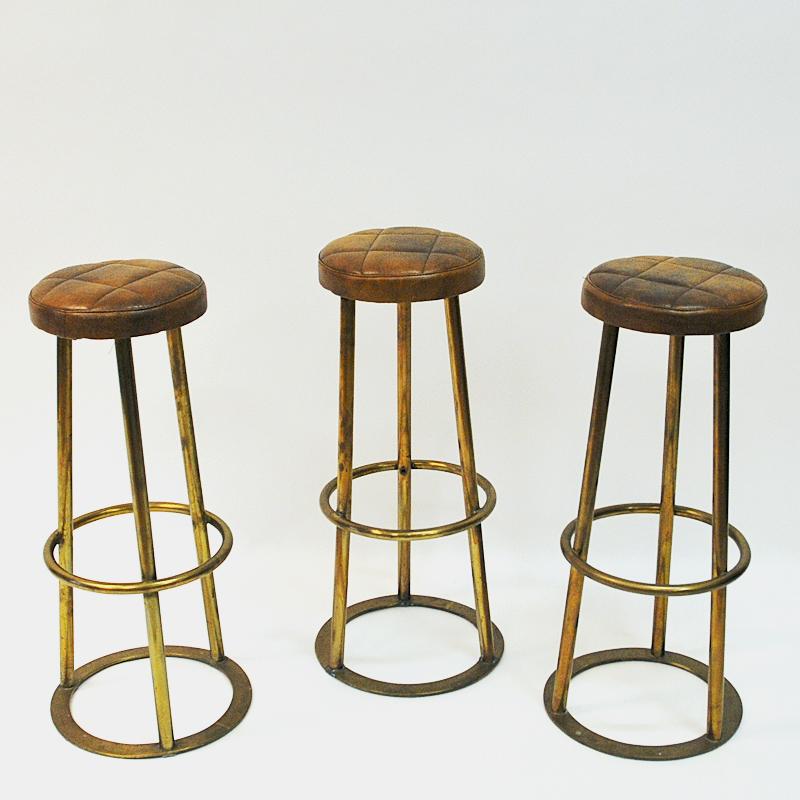 Mid-Century Modern Vintage Brass and Brown Leather Barstools Set of Three Scandinavia, 1950s
