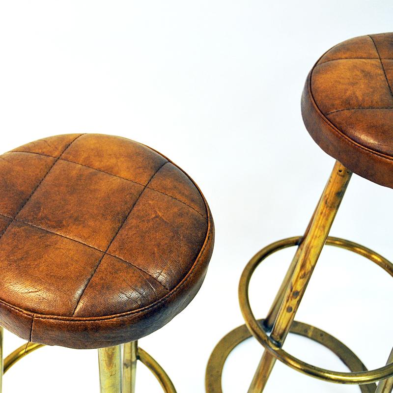 Patinated Vintage Brass and Brown Leather Barstools Set of Three Scandinavia, 1950s