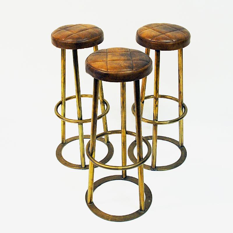 Mid-20th Century Vintage Brass and Brown Leather Barstools Set of Three Scandinavia, 1950s