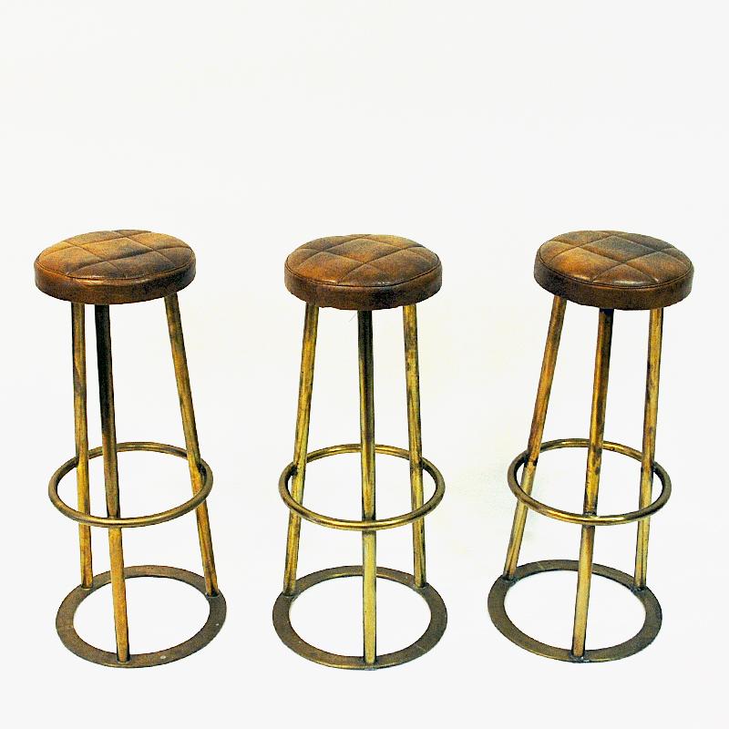 Vintage Brass and Brown Leather Barstools Set of Three Scandinavia, 1950s 1