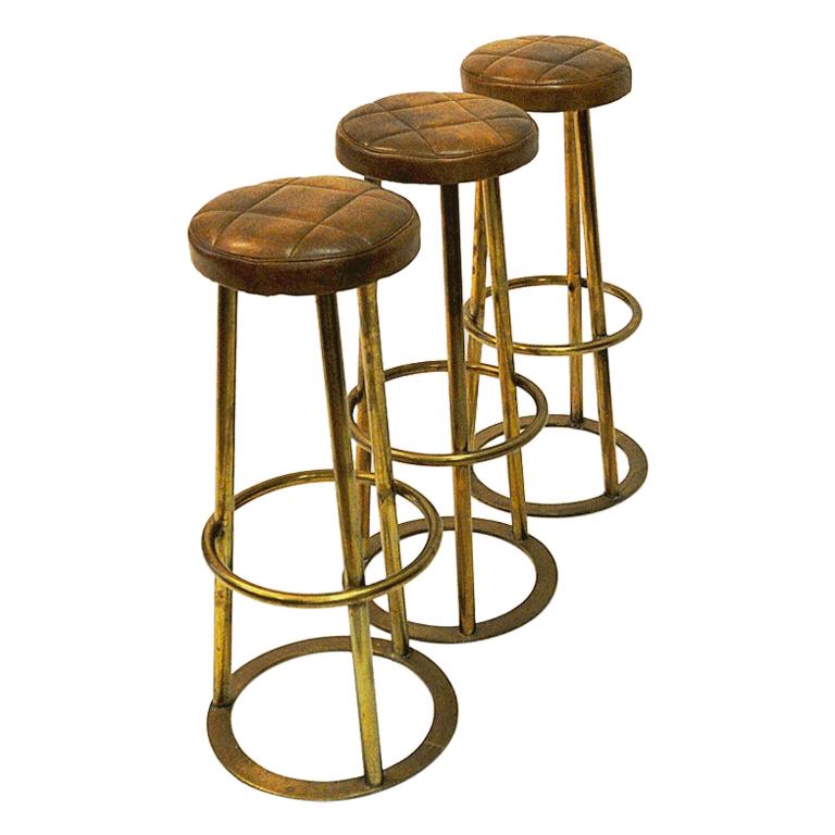 Vintage Brass and Brown Leather Barstools Set of Three Scandinavia, 1950s