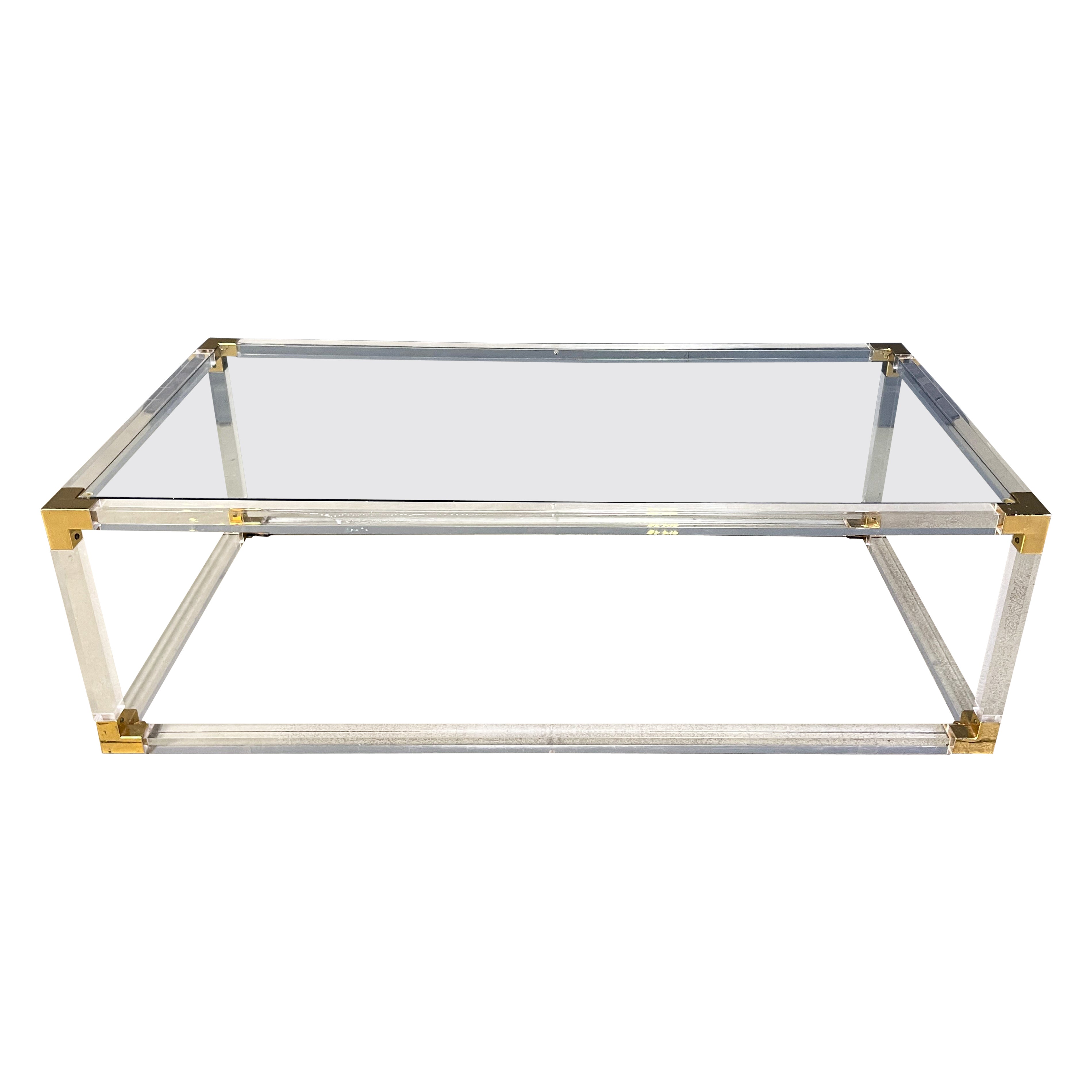 VIntage brass and lucite coffee table attributed to Charles Hollis Jones, 1970s For Sale