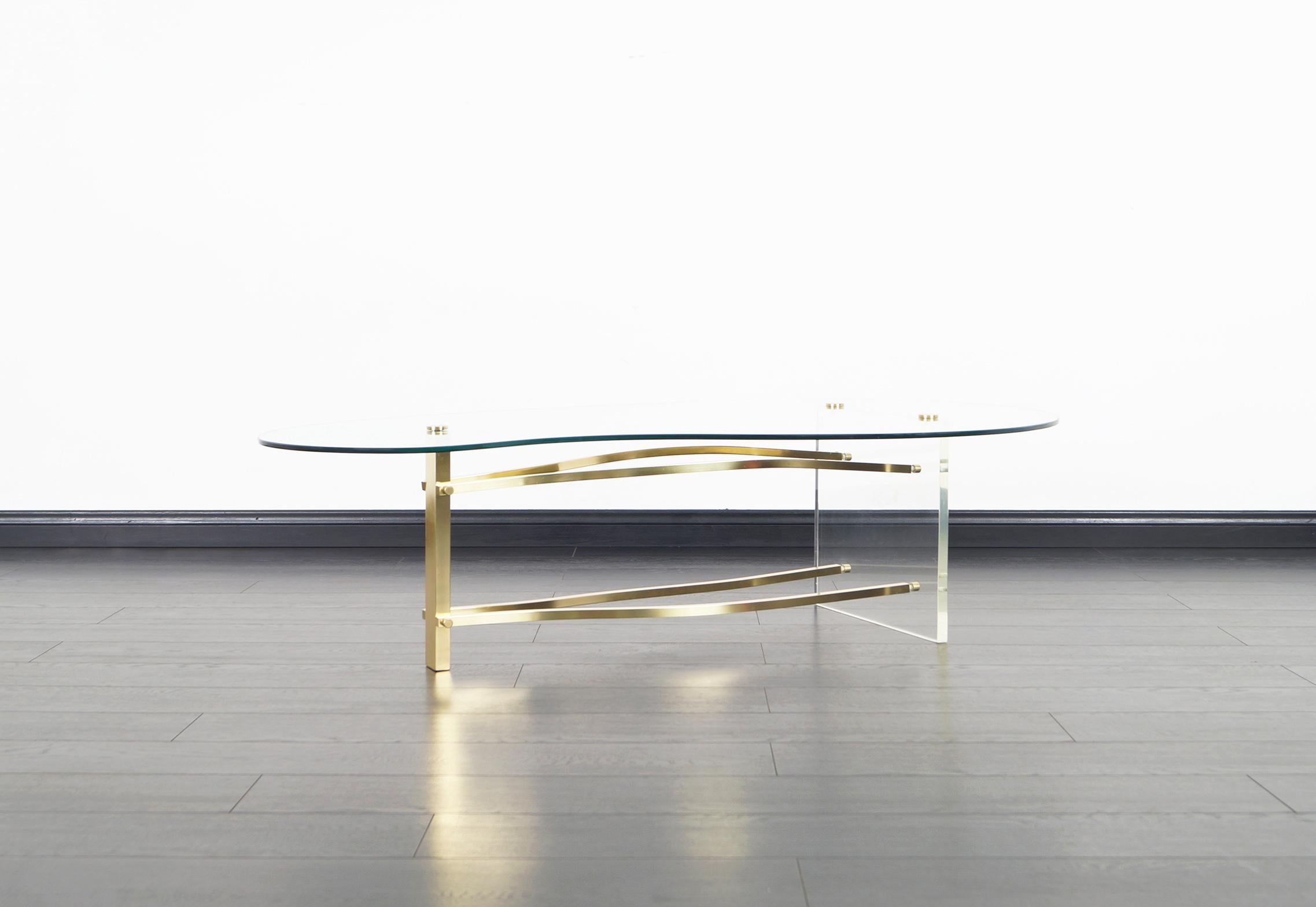 Late 20th Century Vintage Brass and Lucite Kidney Shaped Coffee Table