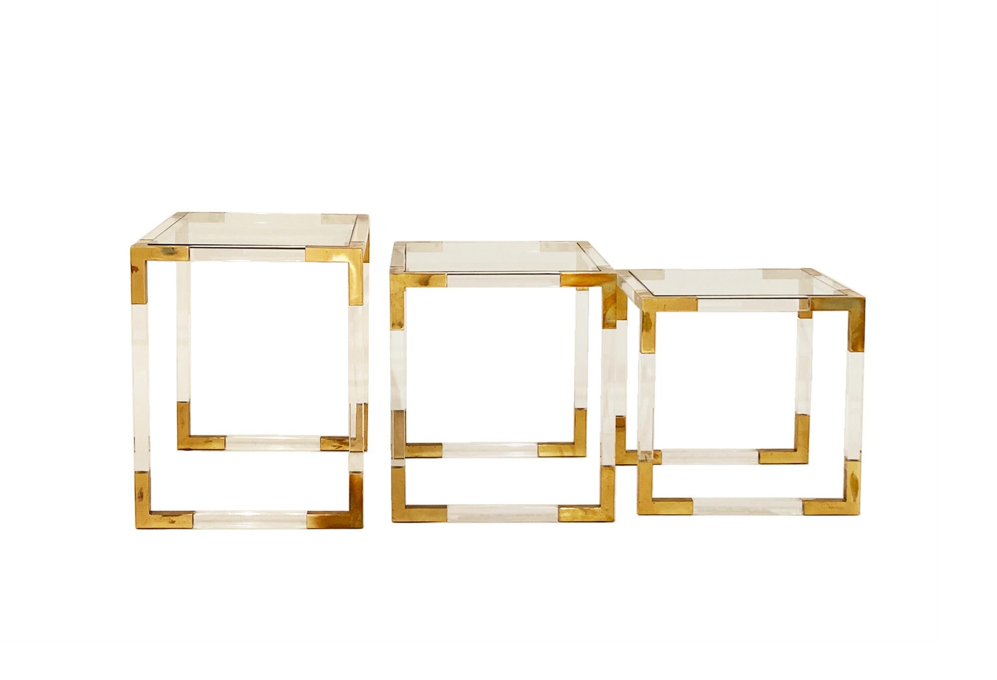 Late 20th Century Vintage Brass and Lucite Nesting Tables