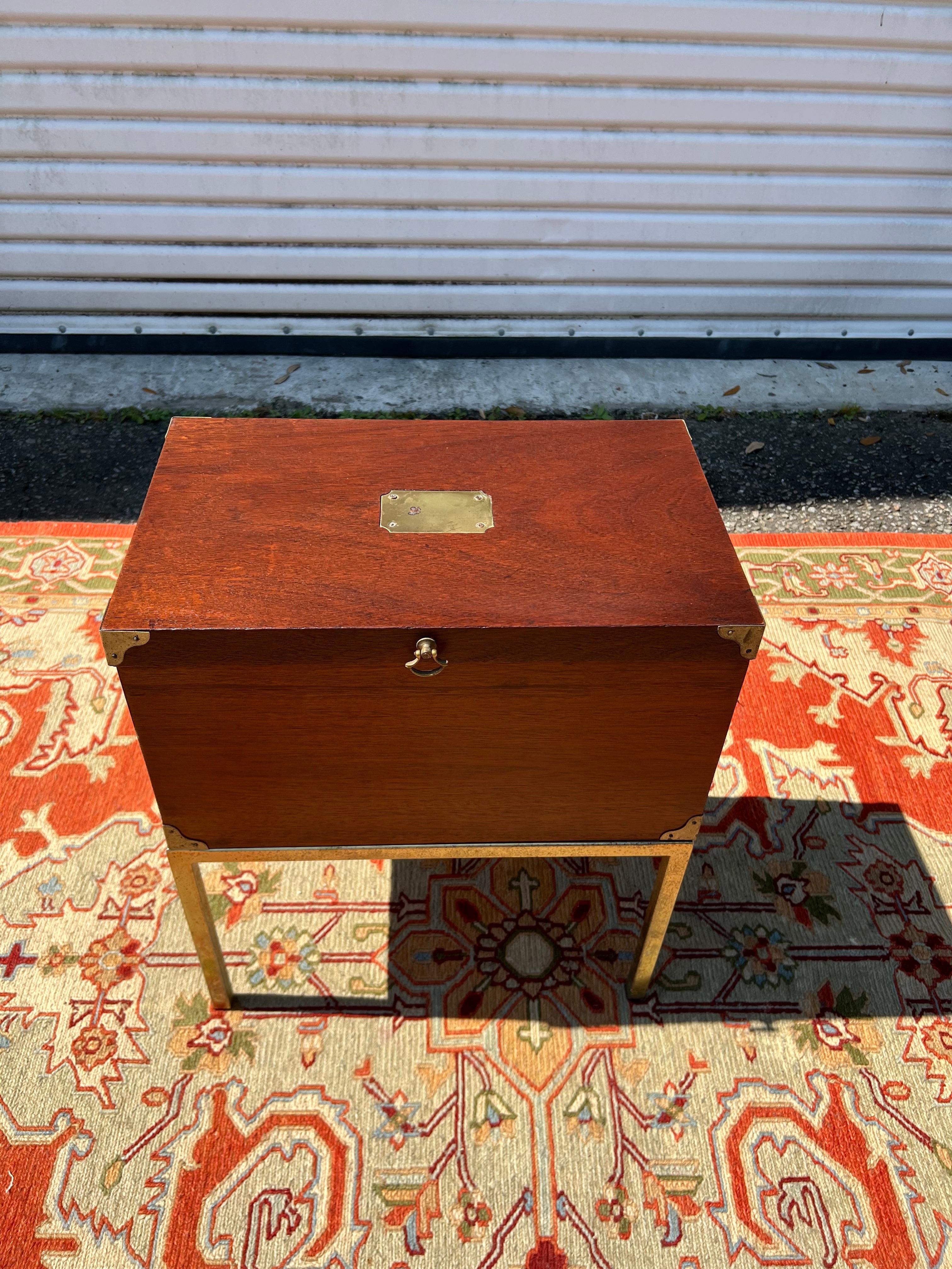 American Vintage Brass and Mahogany Chest on Stand Side Table For Sale