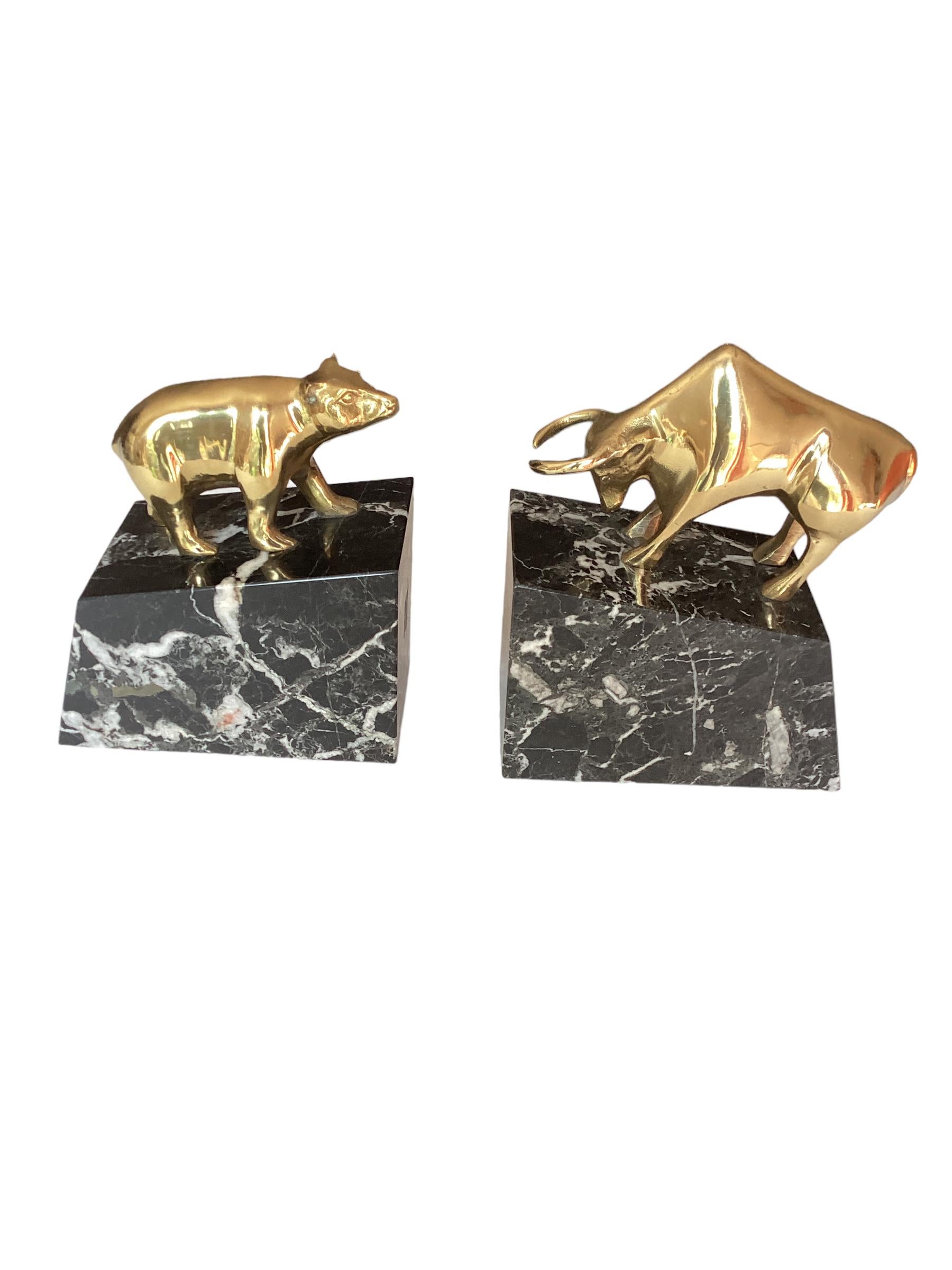 Vintage Brass and Marble Bear and Bull Bookends 1