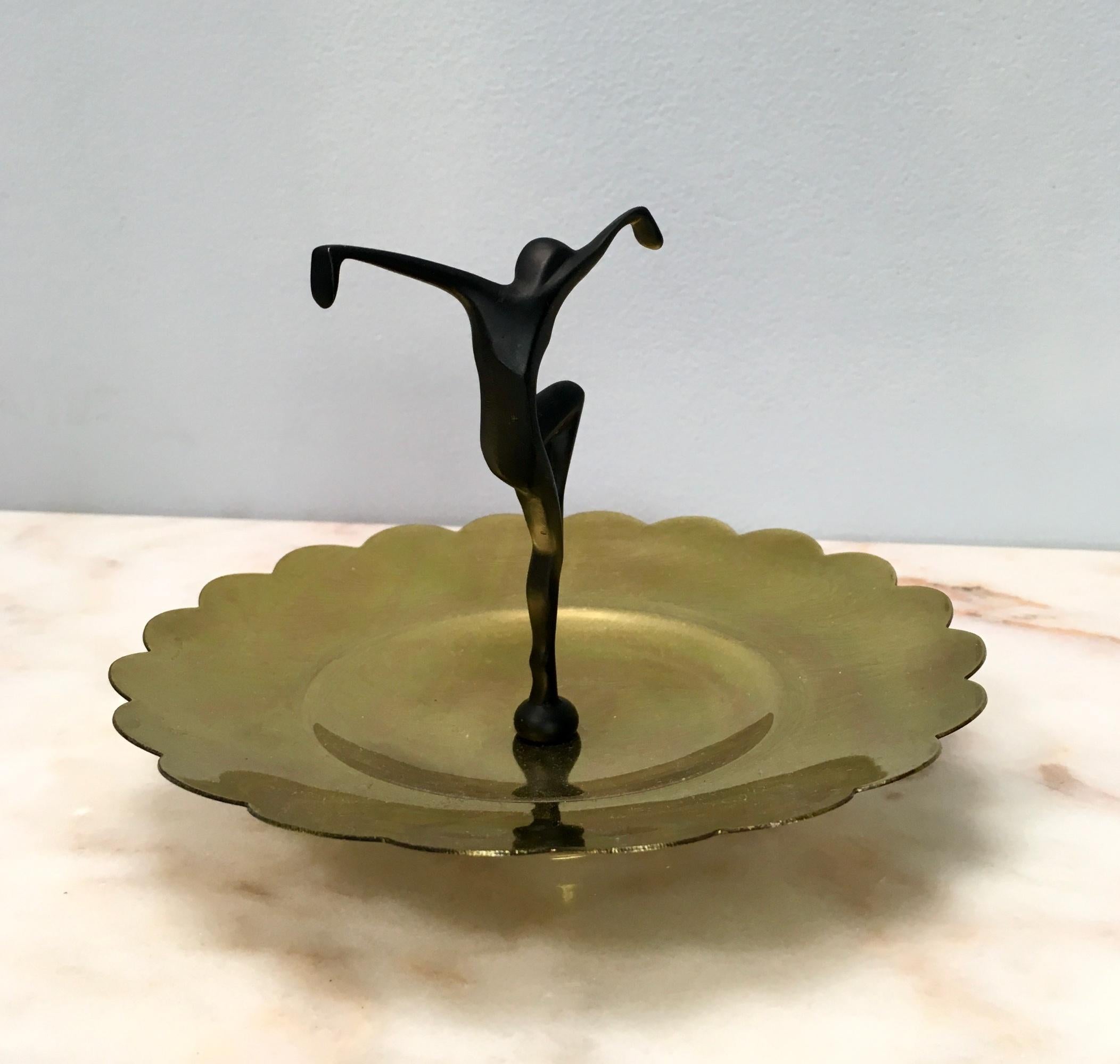 Varnished Vintage Brass and Metal Decorative Item / Vide-Poche with Dancing Figure, Italy