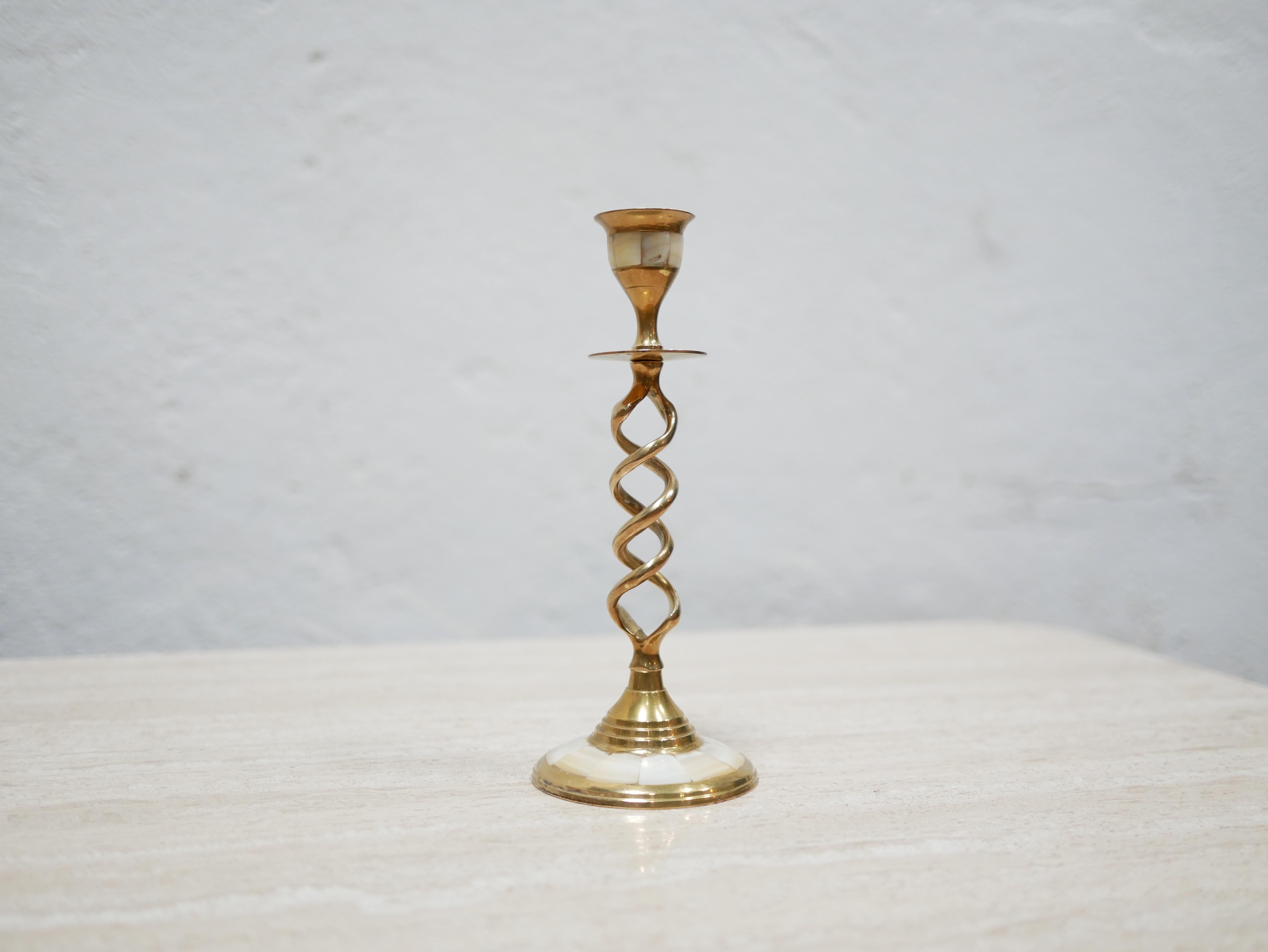 Vintage Brass and Mother-of-pearl Candlestick In Good Condition In AIGNAN, FR