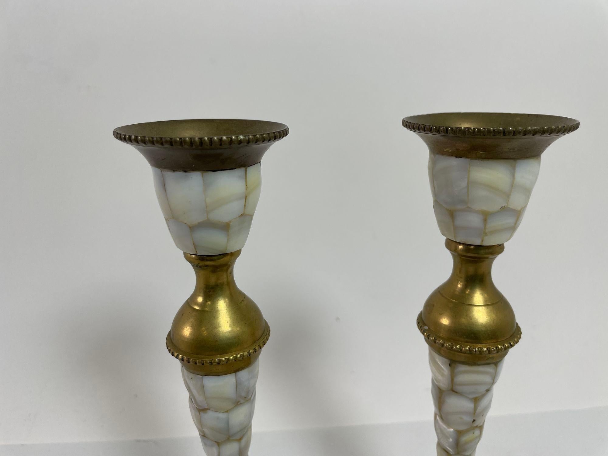 Vintage Brass and Mother Of Pearl Candlesticks A Pair For Sale 3