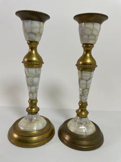 Vintage Brass and Abalone Shell Candlesticks A Pair