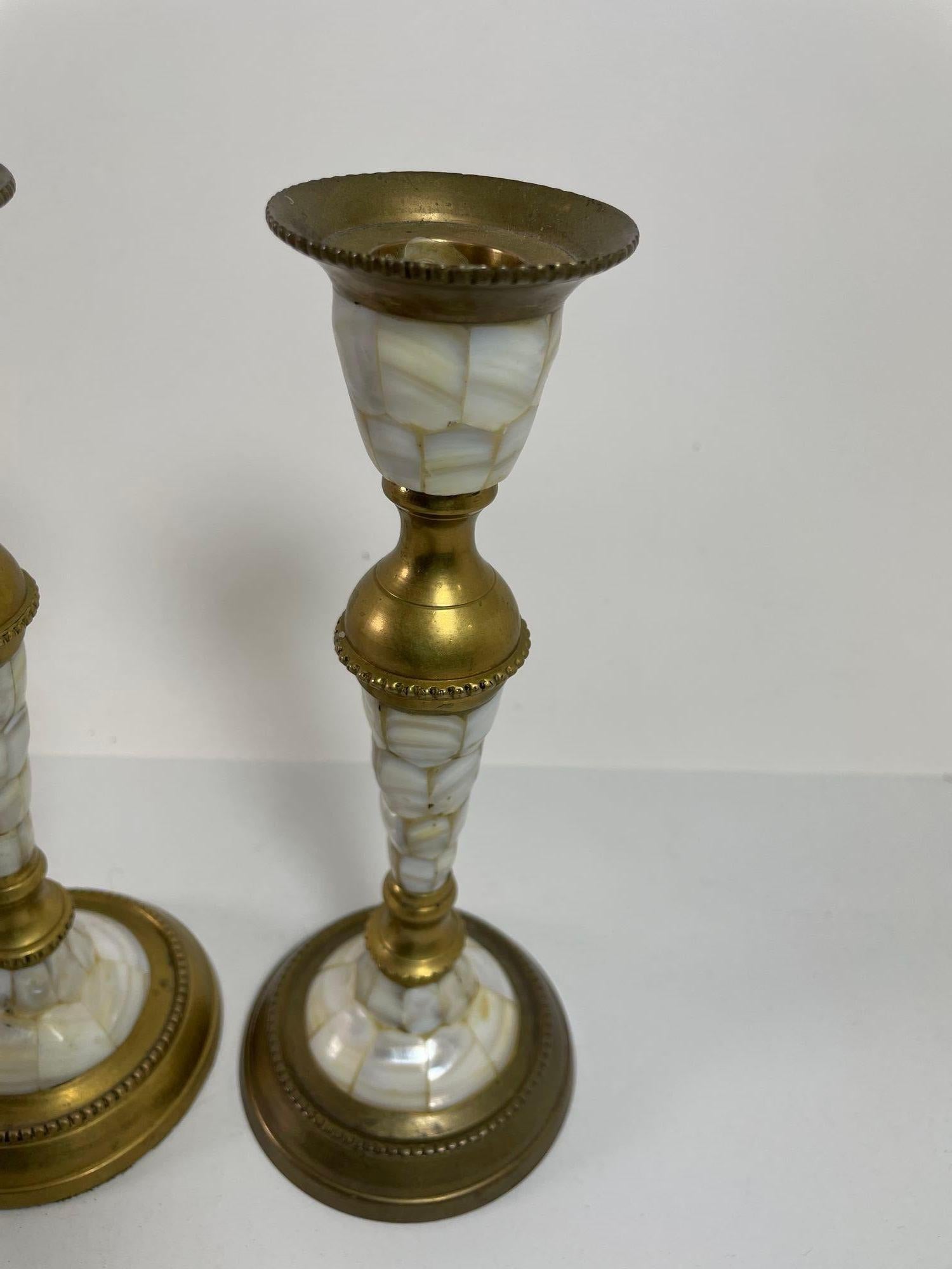 Anglo-Indian Vintage Brass and Mother Of Pearl Candlesticks A Pair For Sale