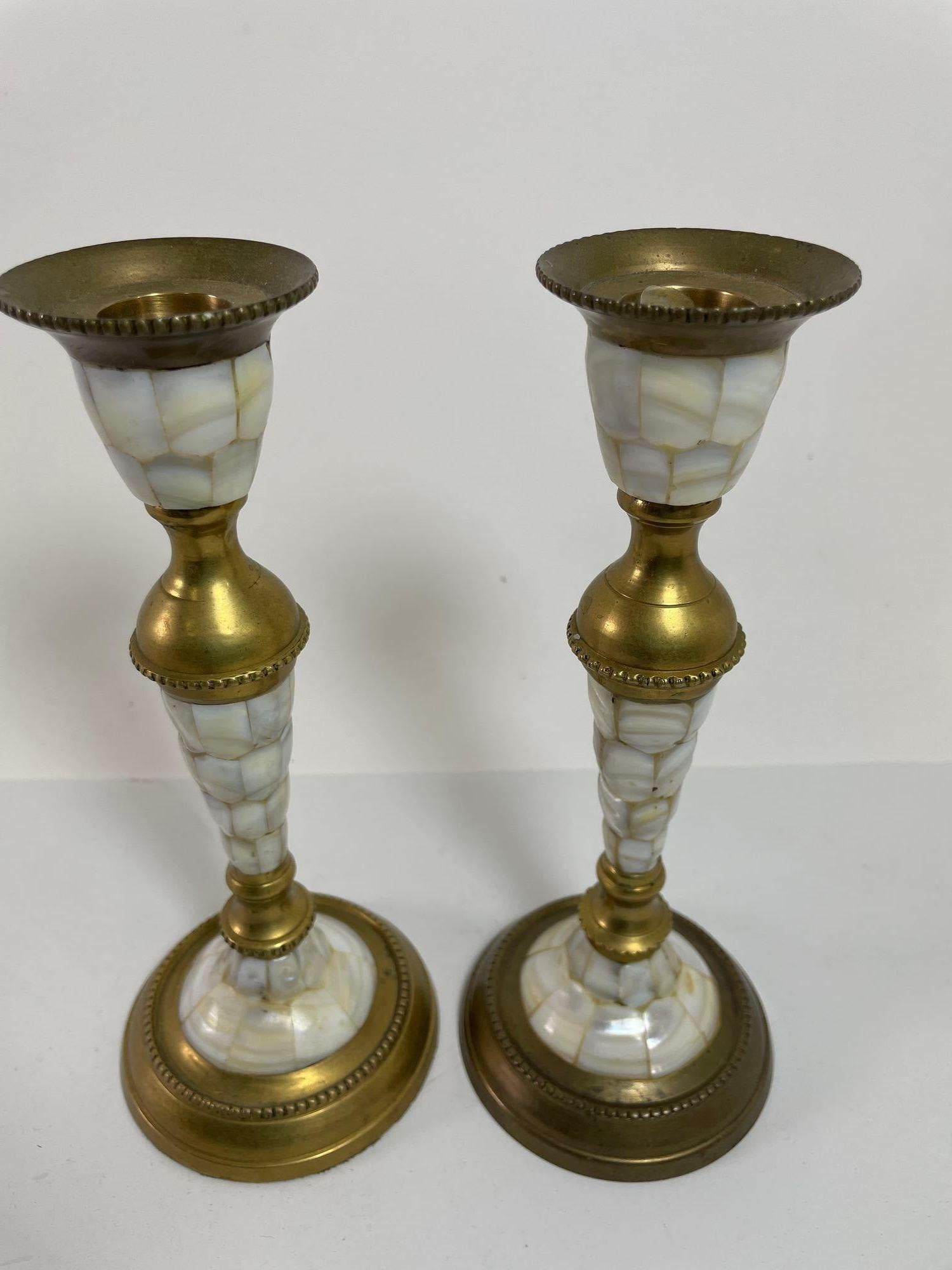 Indian Vintage Brass and Mother Of Pearl Candlesticks A Pair For Sale