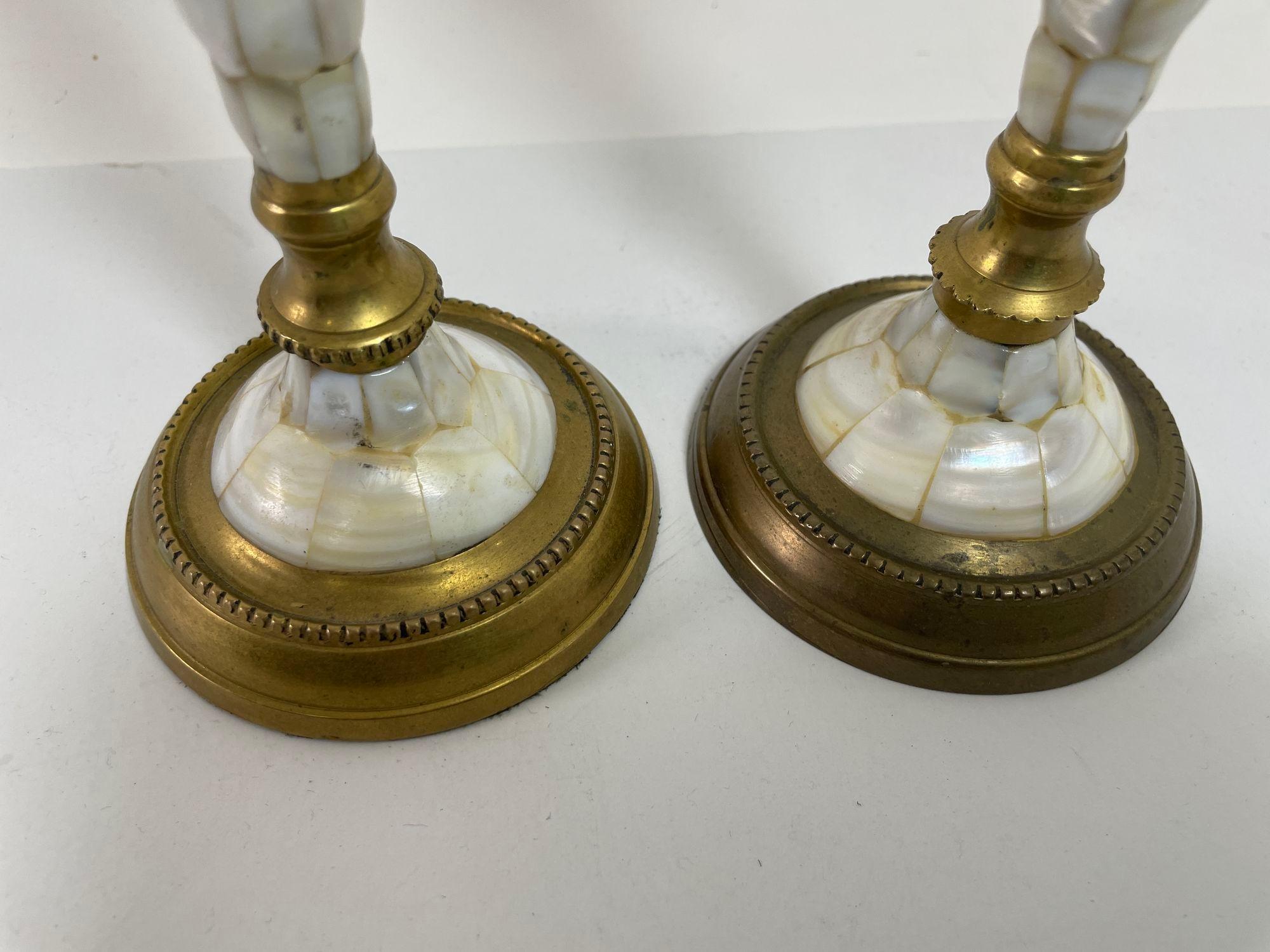 Hand-Carved Vintage Brass and Mother Of Pearl Candlesticks A Pair For Sale