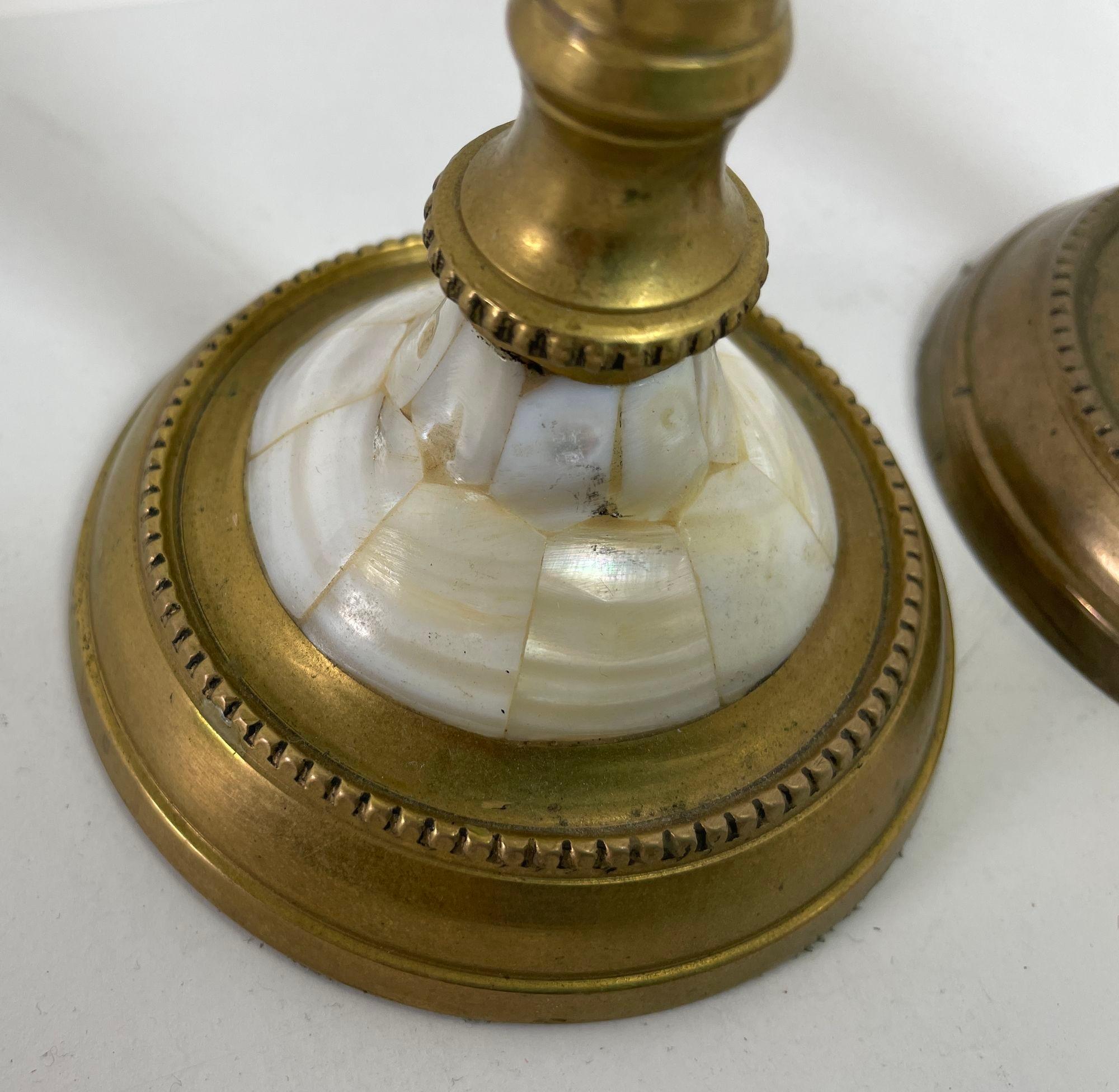 Vintage Brass and Mother Of Pearl Candlesticks A Pair In Good Condition For Sale In North Hollywood, CA