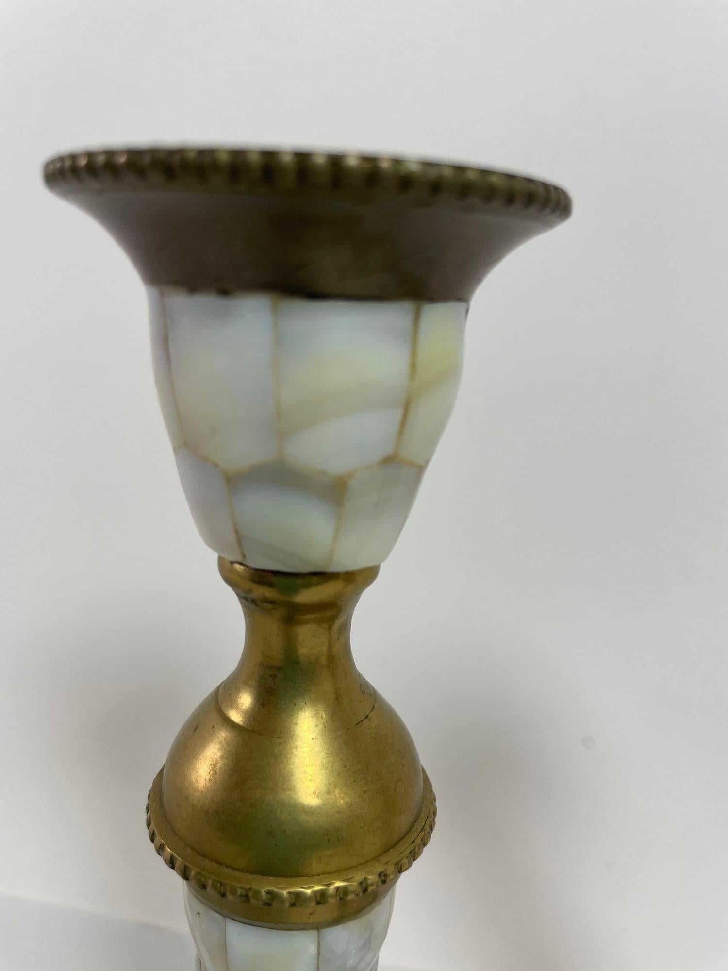 Vintage Brass and Mother Of Pearl Candlesticks A Pair For Sale 1