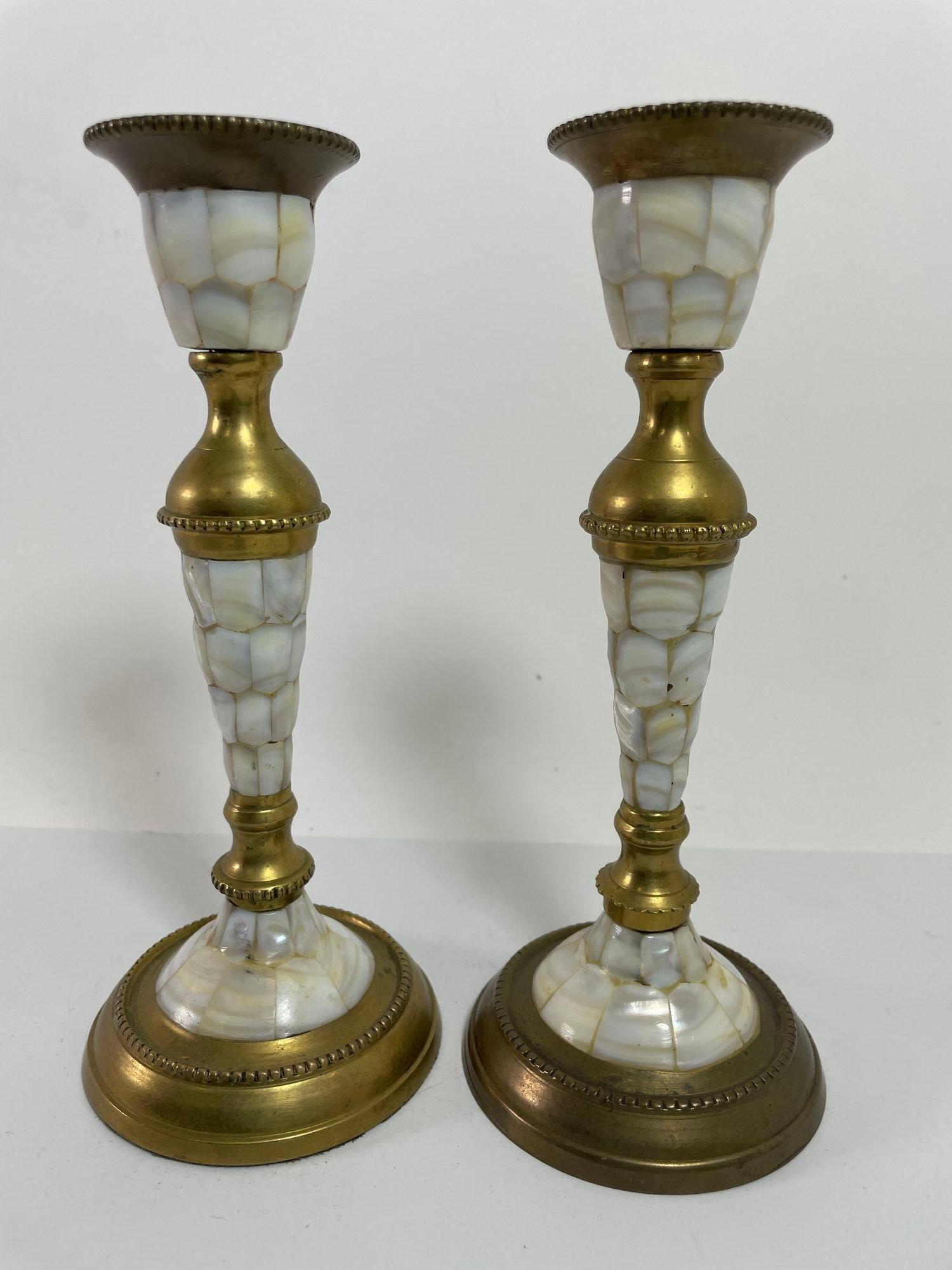 Vintage Brass and Mother Of Pearl Candlesticks A Pair For Sale 2