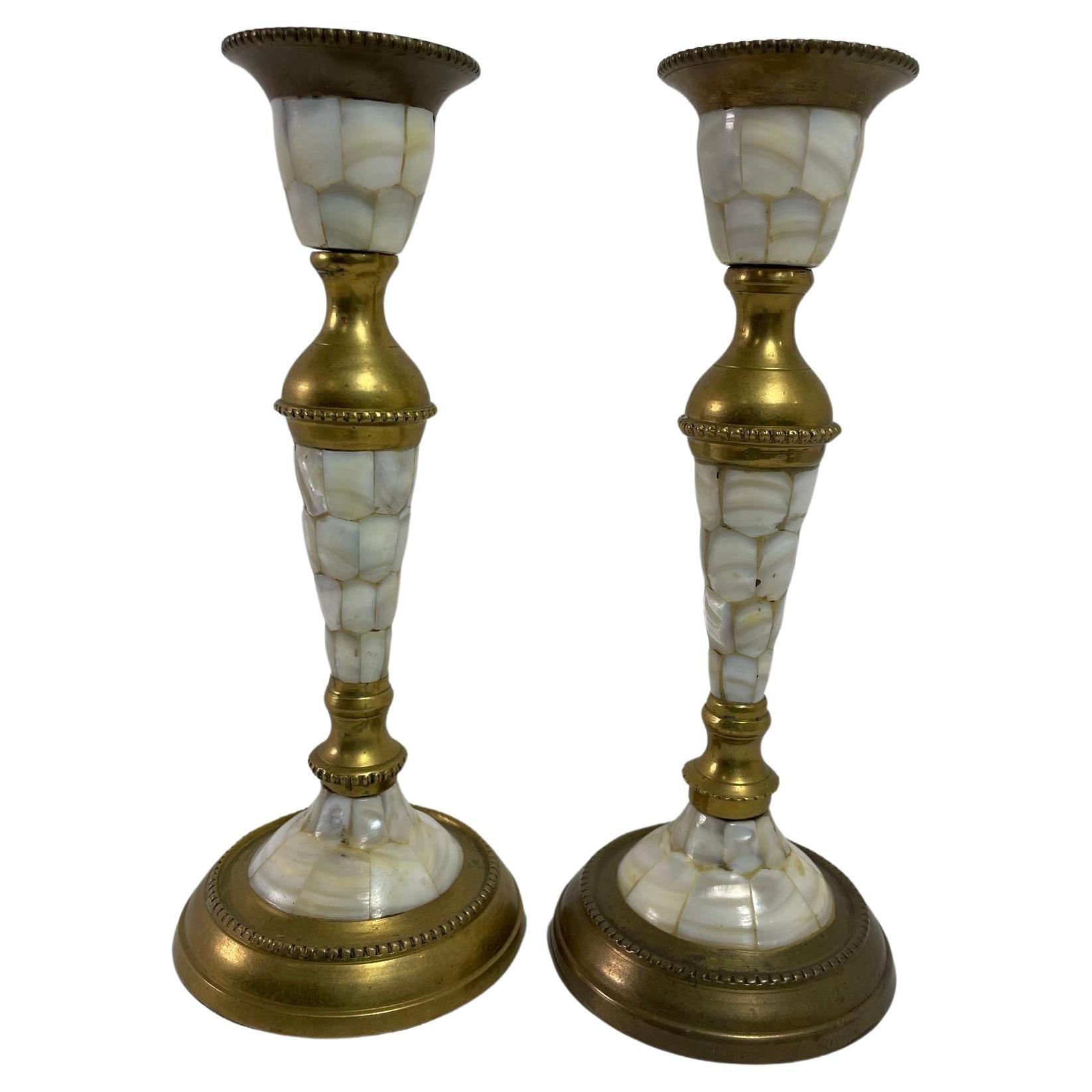 Vintage Brass and Mother Of Pearl Candlesticks A Pair For Sale
