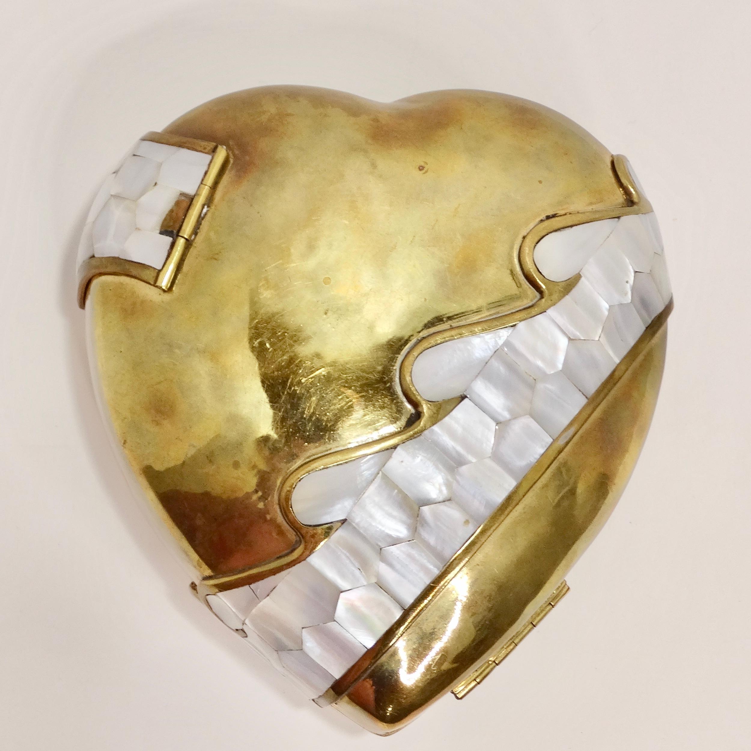 Vintage Brass and Mother of Pearl Heart Minaudière  For Sale 1