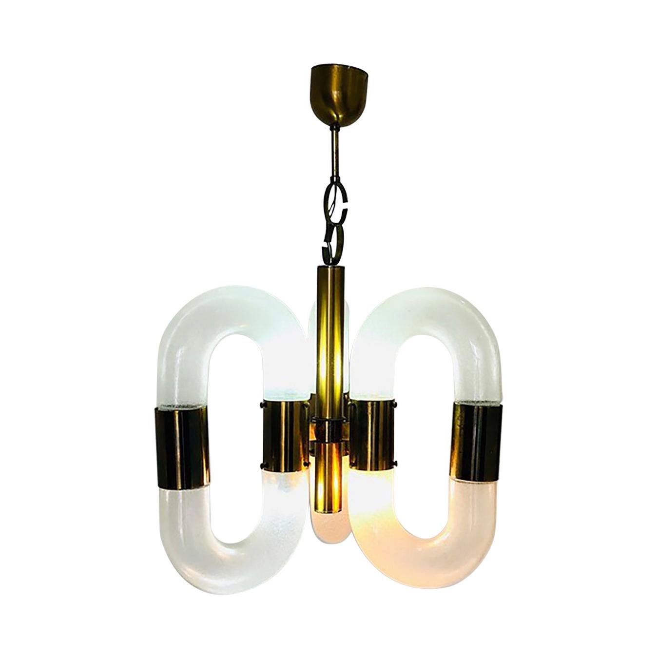 Vintage Brass and Murano Glass Chandelier, by Aldo Nason for Mazzega, 1970s