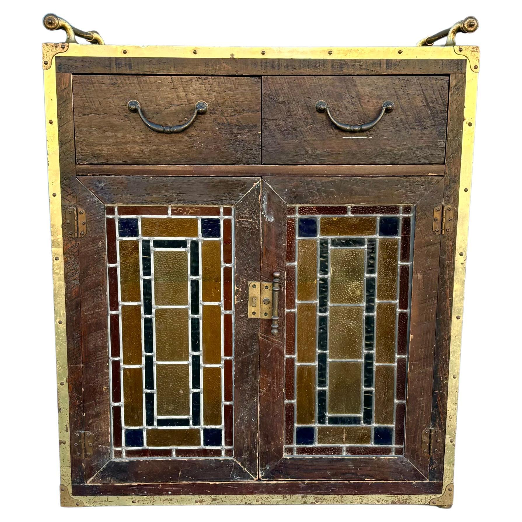 Vintage Brass and Oak Bar Cabinet, 1900s