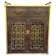 Antique Brass and Oak Bar Cabinet, 1900s