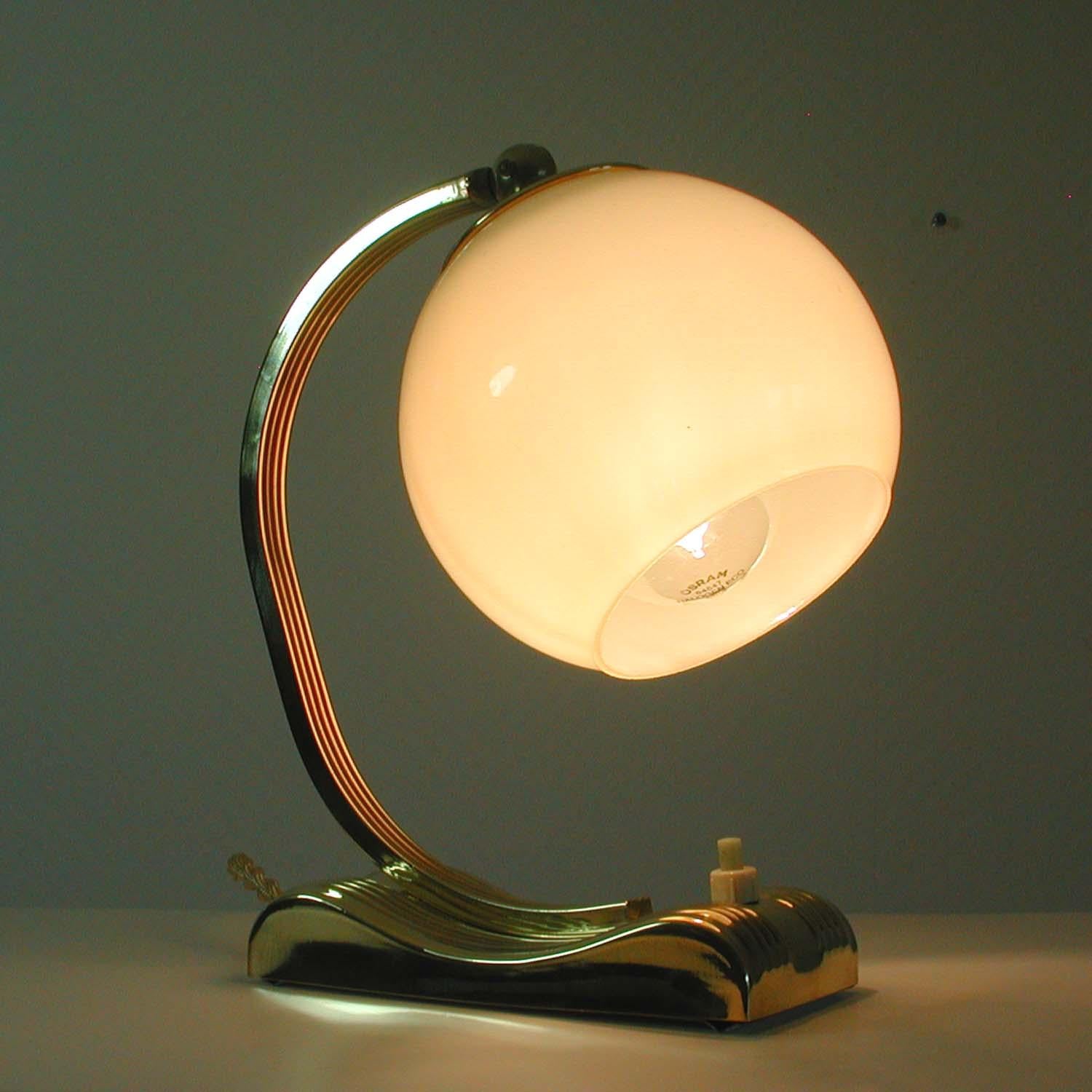 Vintage Brass and Opal Glass Table or Bedside Lamp, Germany, 1930s 5