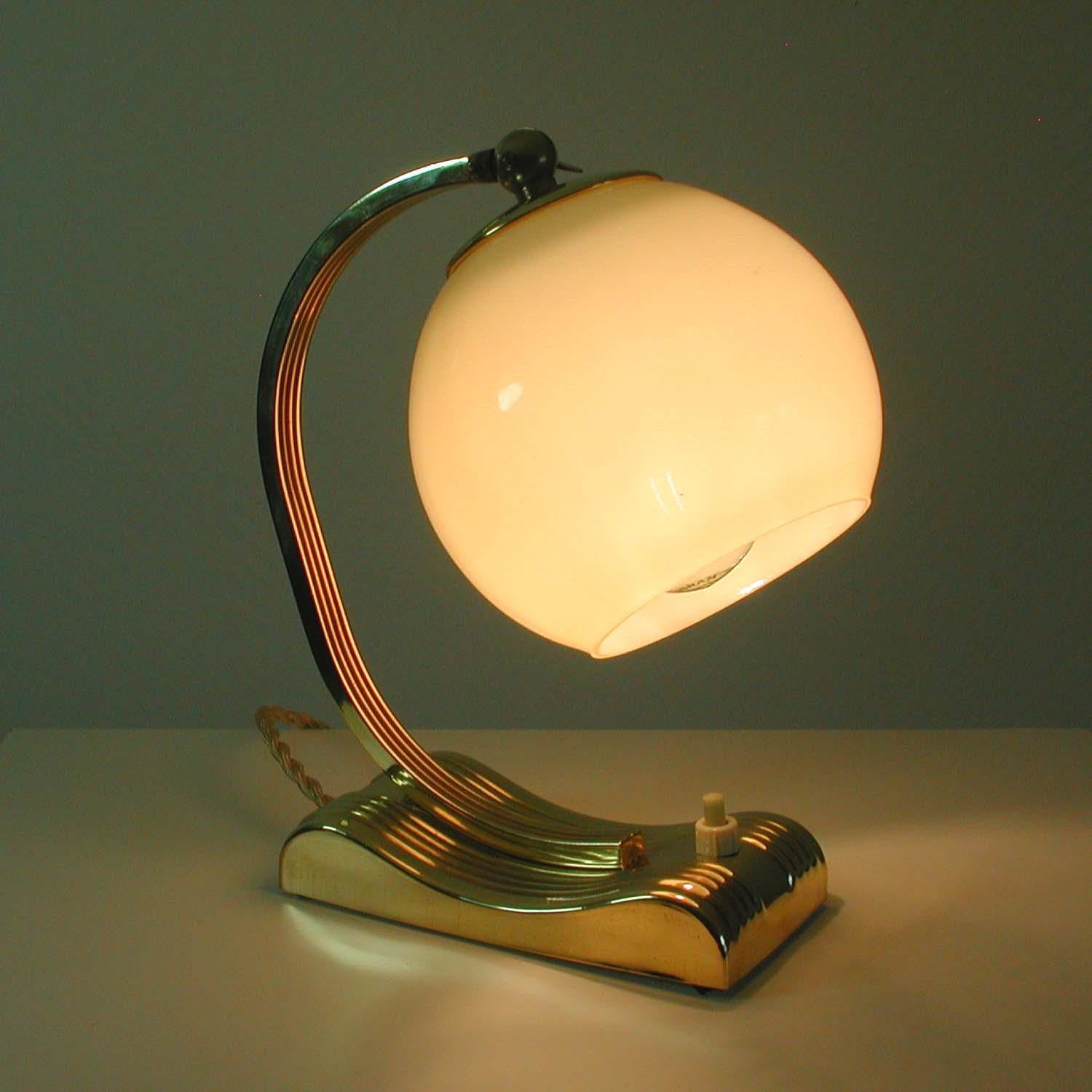 Vintage Brass and Opal Glass Table or Bedside Lamp, Germany, 1930s 6