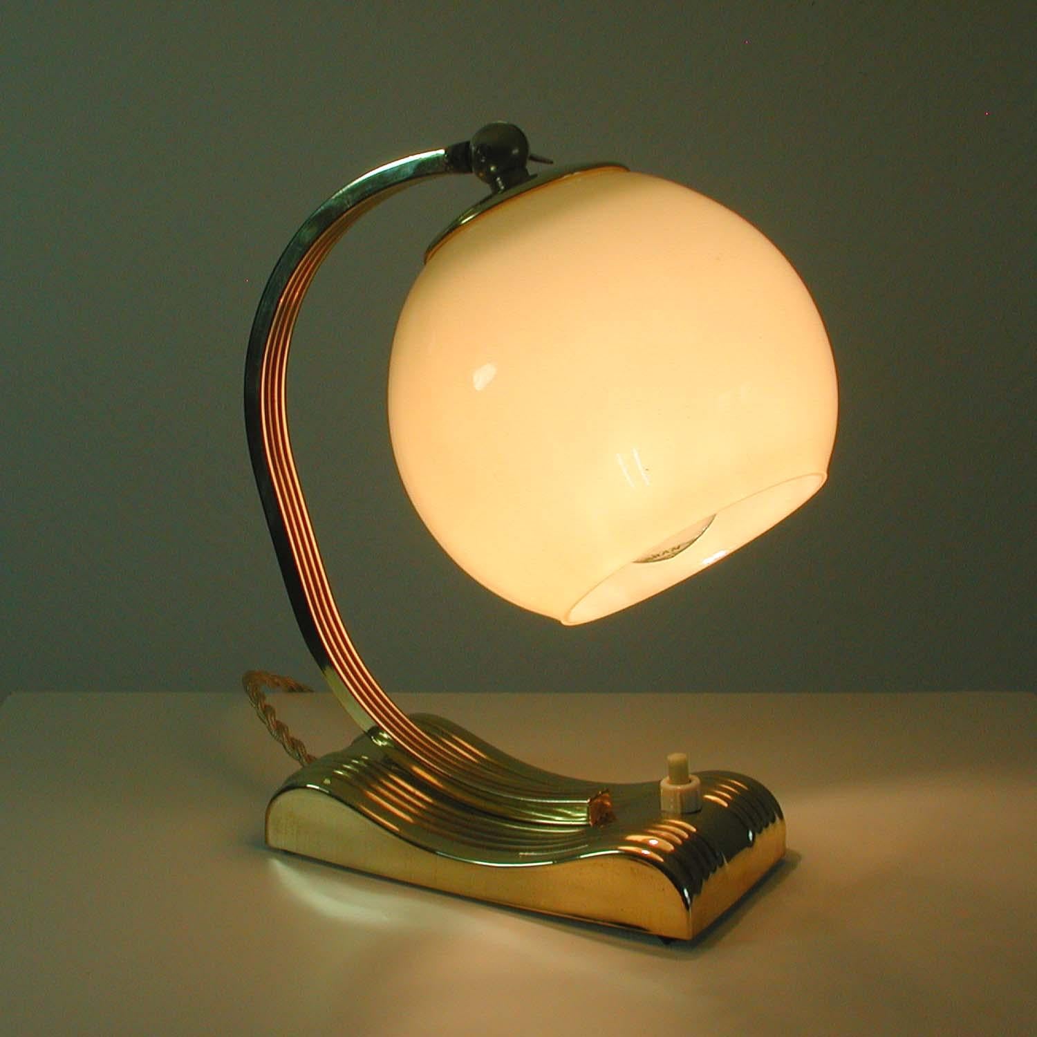 Vintage Brass and Opal Glass Table or Bedside Lamp, Germany, 1930s 6